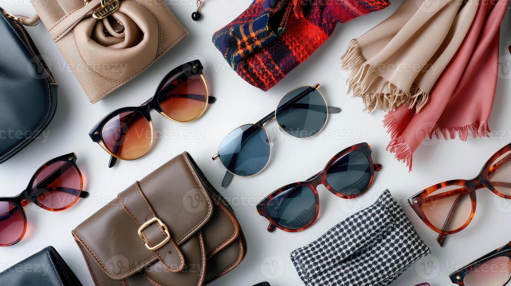 Style presentation flatlay, modern scarves sunglasses. photo