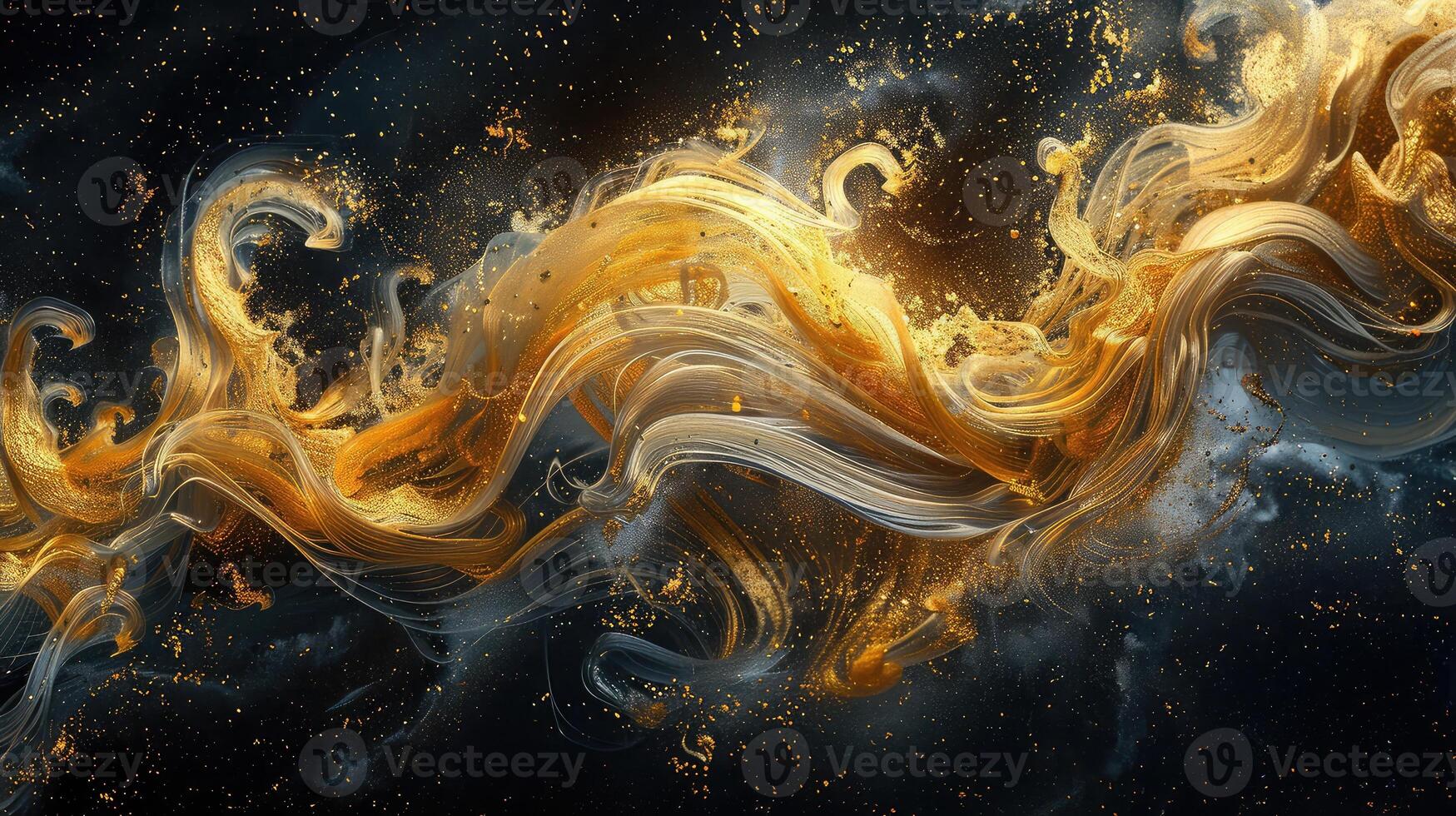 Golden Smoke Swirls on Black Canvas. An Abstract Opulence. photo