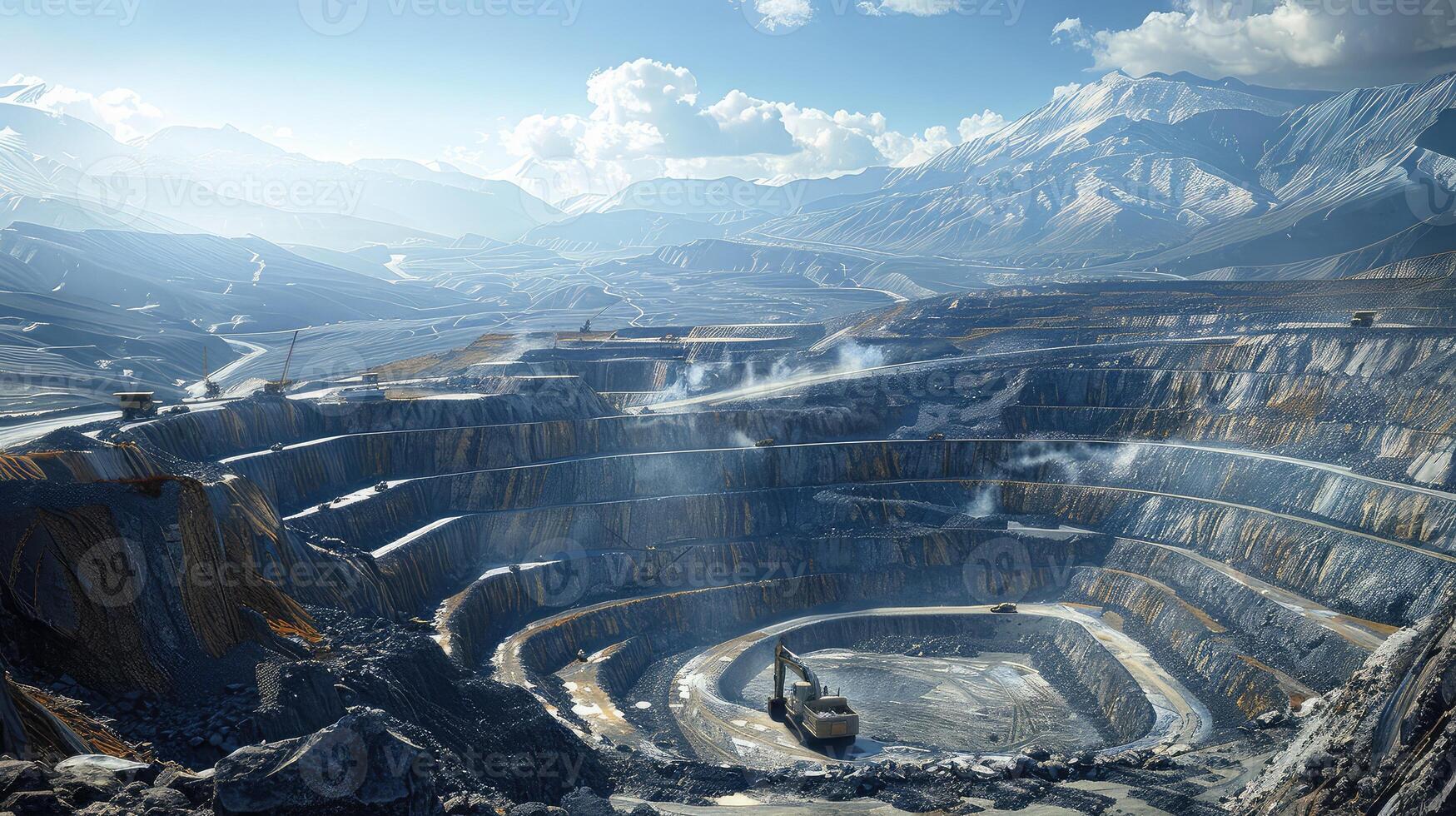 Extraordinary Depiction of Herculean Excavators Amid Dynamic Open Pit Mining Landscapes photo
