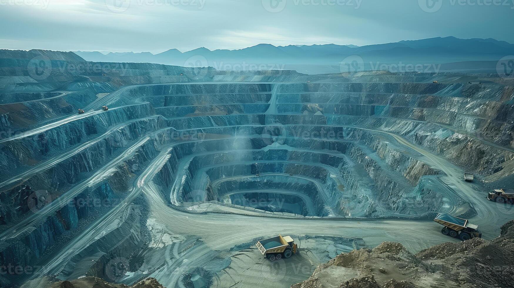 Expansive Open Pit Mining Depicted Through Magnificent Herculean Excavators in Action photo
