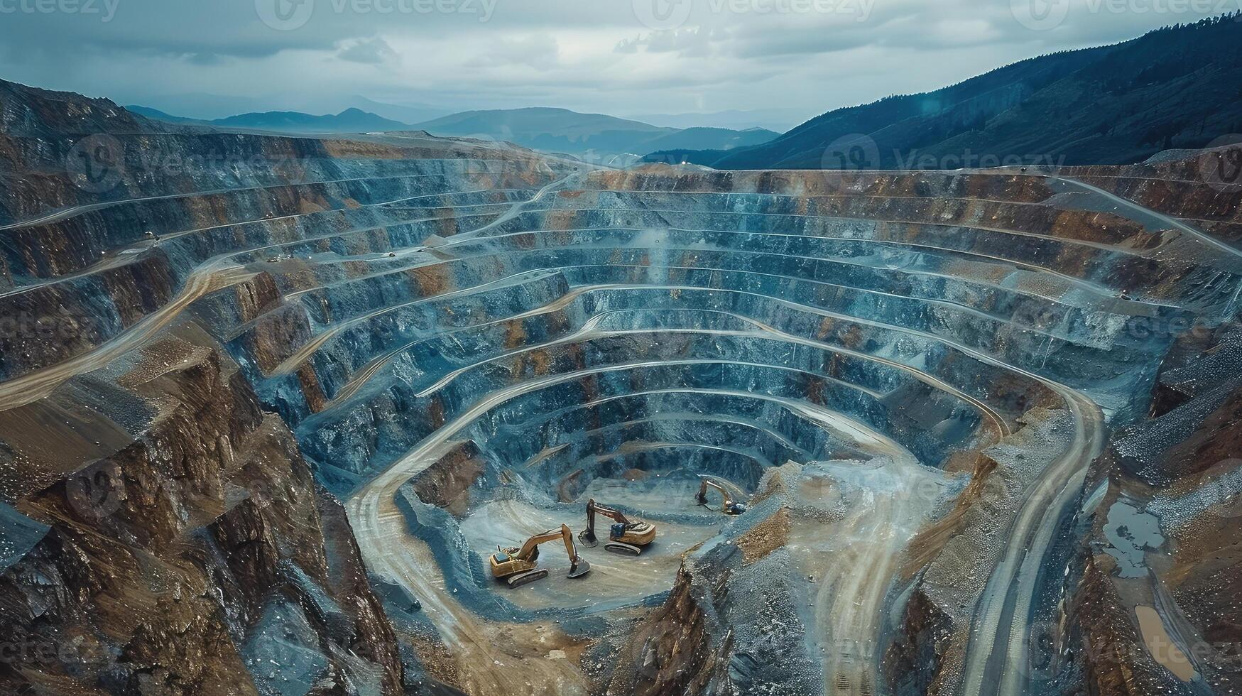 Magnificent Scenes of Dynamic Open Pit Mining Displaying Herculean Excavators Across Vast Landscapes photo