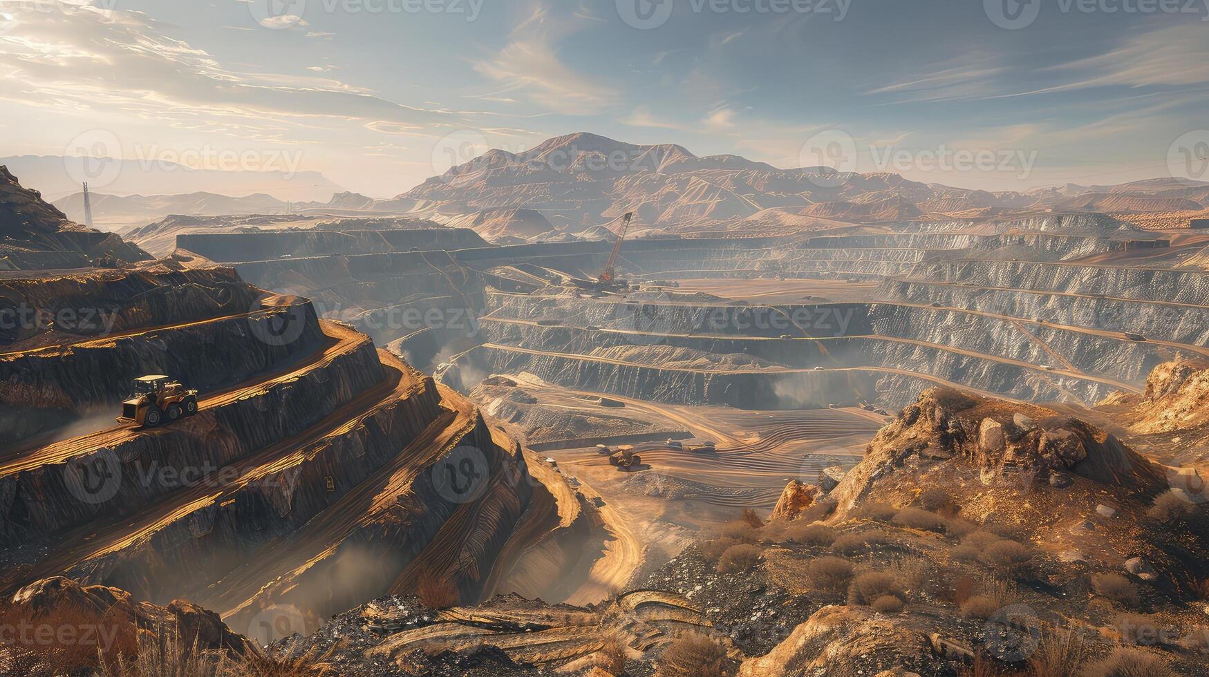 Dynamic Scenes of Open-Pit Extraction Showcasing the Tireless Efforts of Workers in Vast Terrains photo