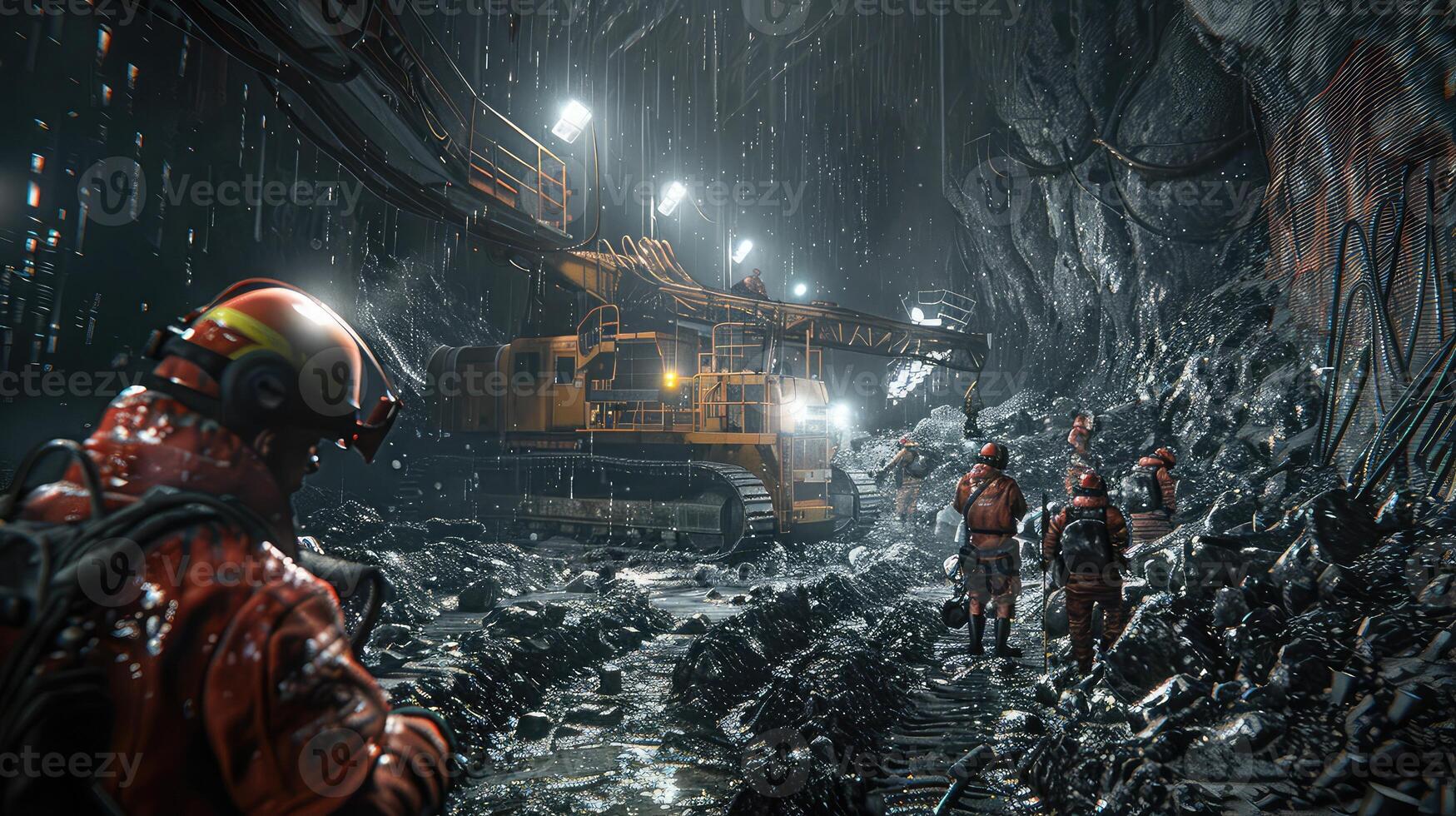 Dynamic Mining Realism Depicting Miners in Action Across Rugged Terrain photo