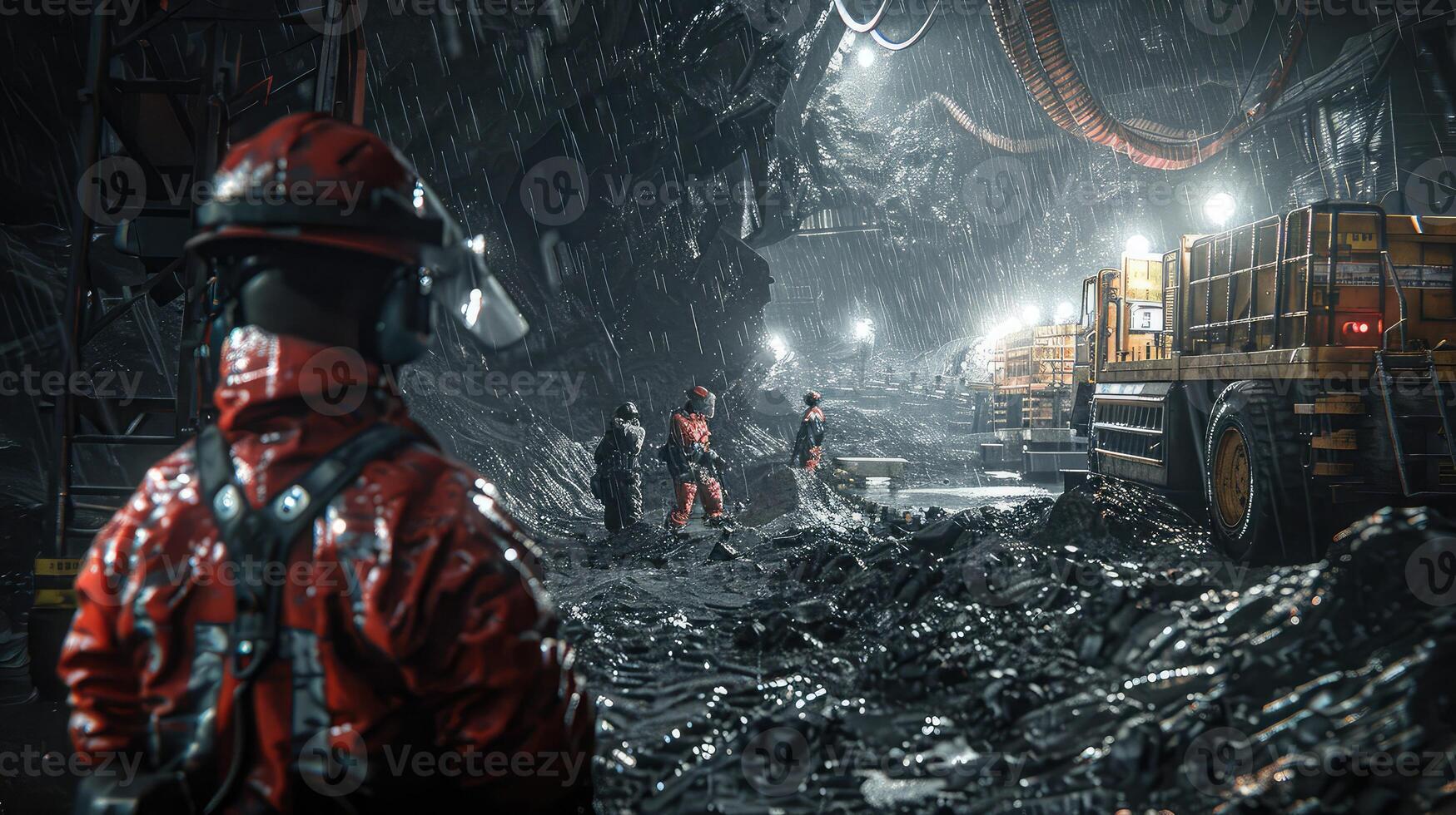 A Dynamic View of Miners in Action Amidst Harsh Terrain photo