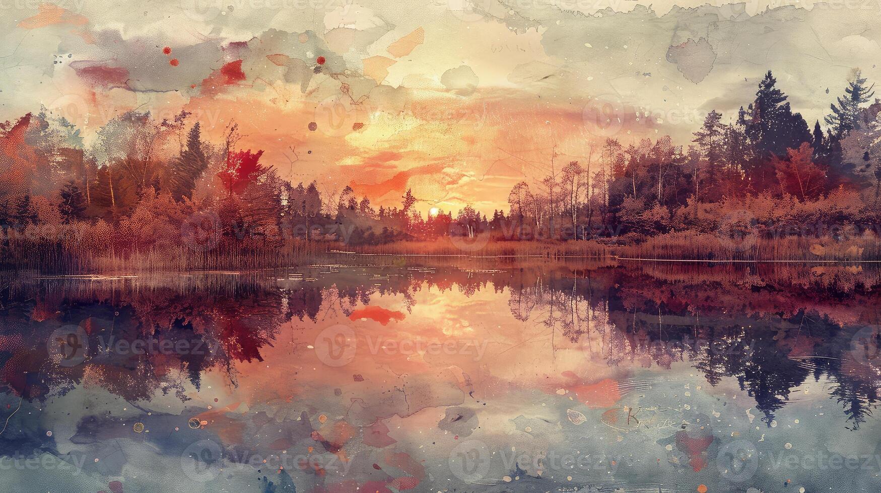 Vibrant Watercolor Painting Capturing a Quiet Lake Scene in Dynamic Detail photo