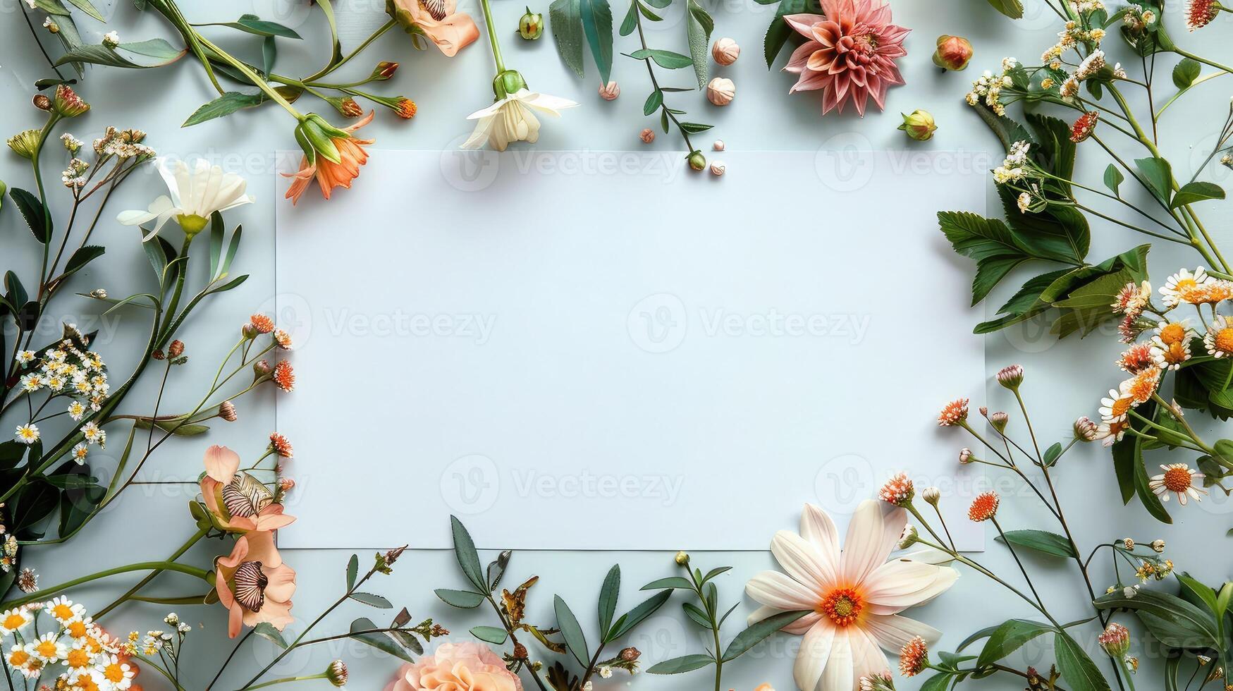 A Charming Blank Space Framed by Lovely Flowers on a Dynamic White Surface photo