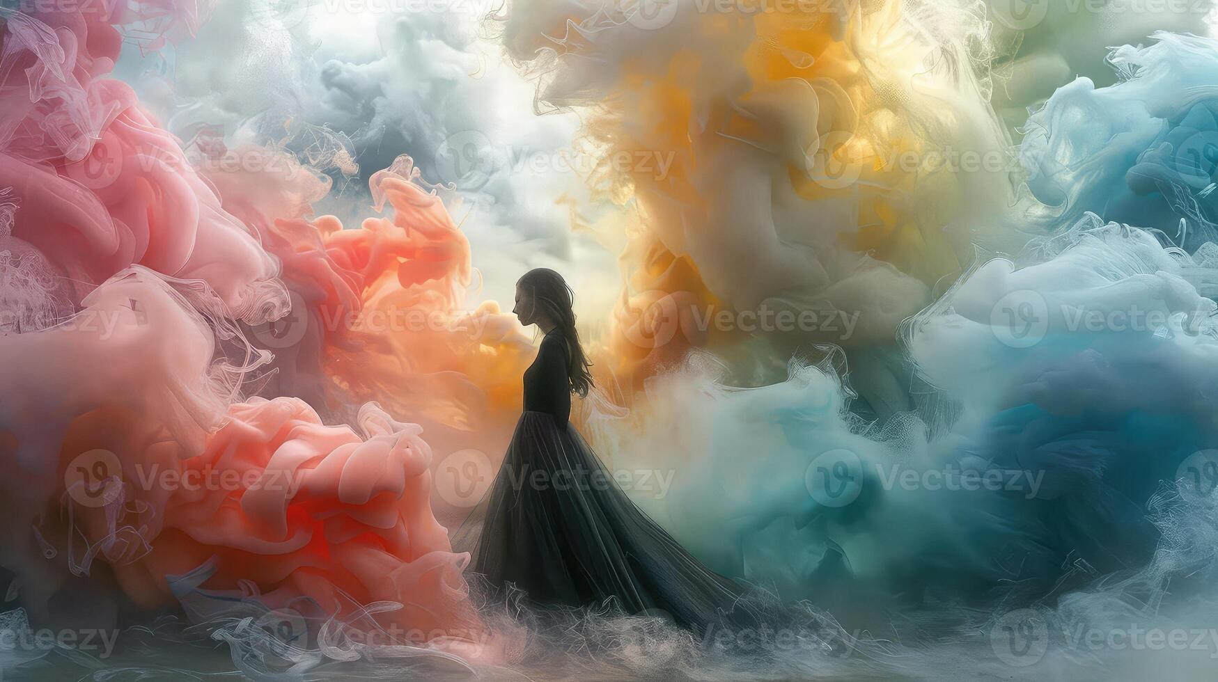Vibrant Abstraction of a Girl's Shadow Blended with Dynamic Watercolor Smoke photo