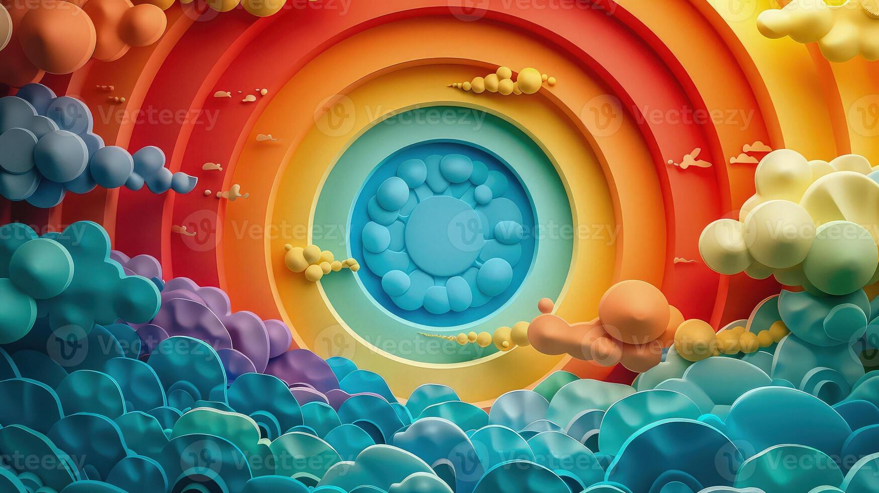 Bold 3D rainbow-stacked circles creating a dynamic abstract view. photo