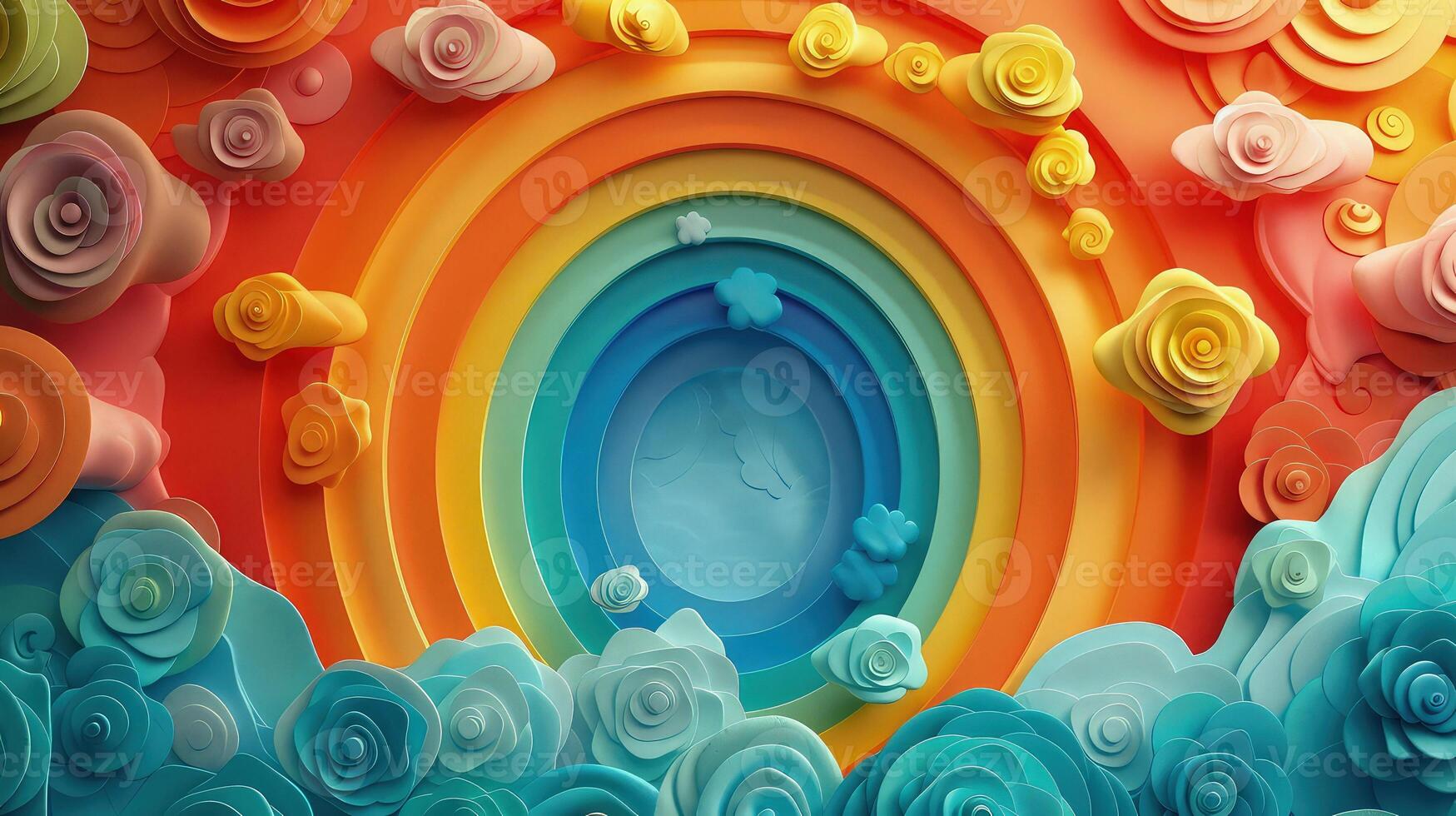 Dynamic abstract composition featuring vibrant stacked rainbow circles. photo