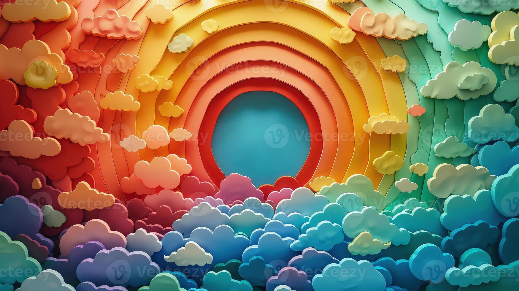 Abstract vibrant 3D stacked circles with rainbow-inspired design. photo