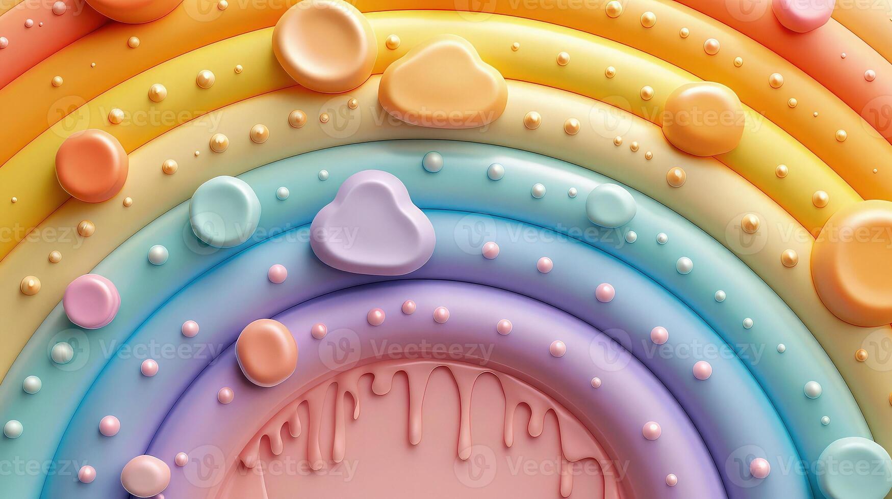 Dynamic circular rainbow clay art decorated with lively flowers and stars. photo