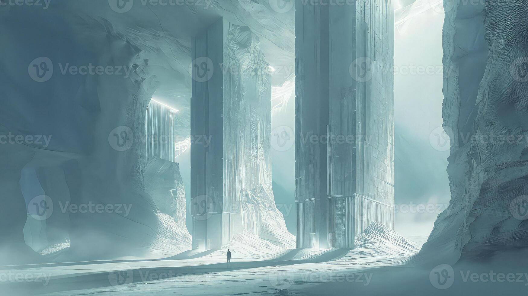 A captivating view of an ethereal hall surrounded by mist and white tones photo