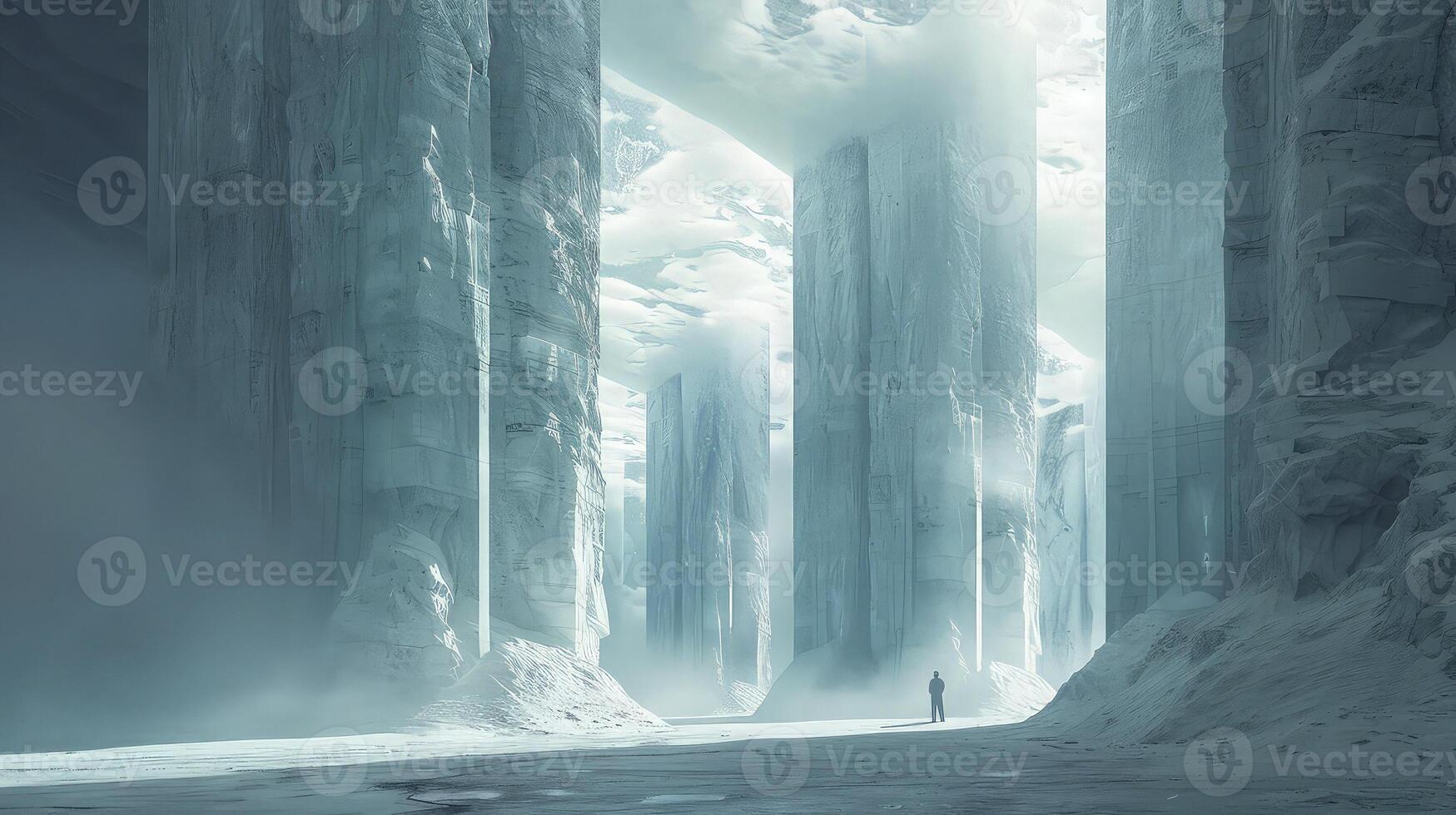 Towering stone pillars rising majestically in an ethereal misty landscape photo