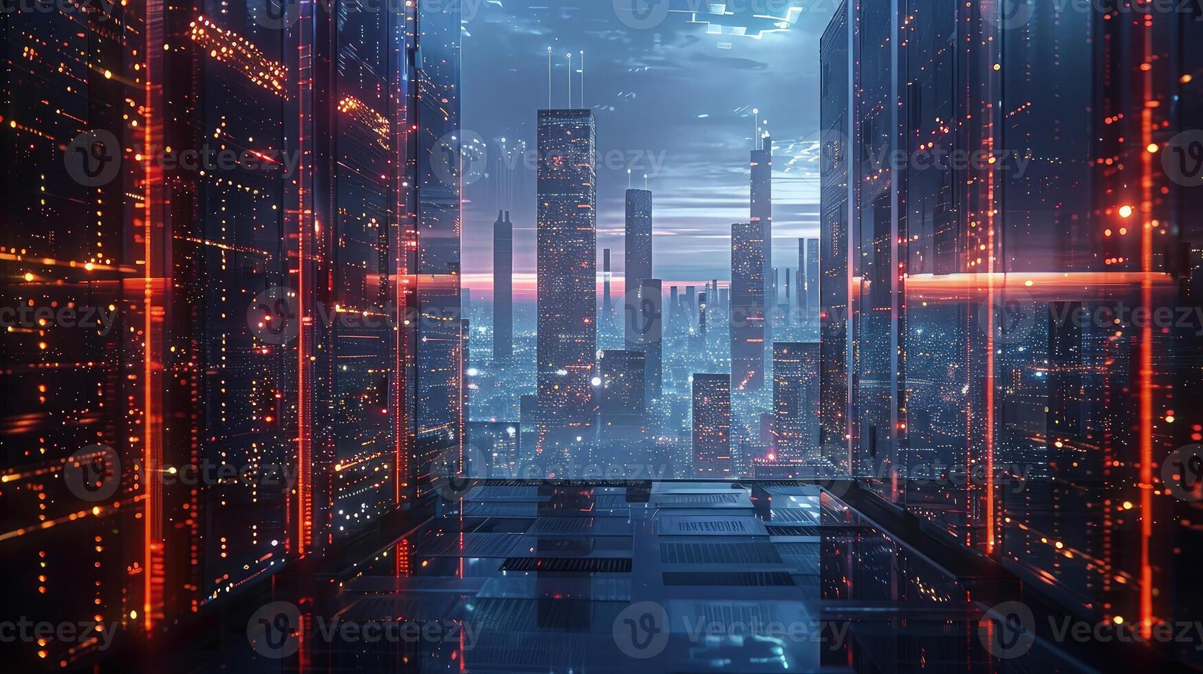 A visionary look at a futuristic cloud computing hub with towering structures photo
