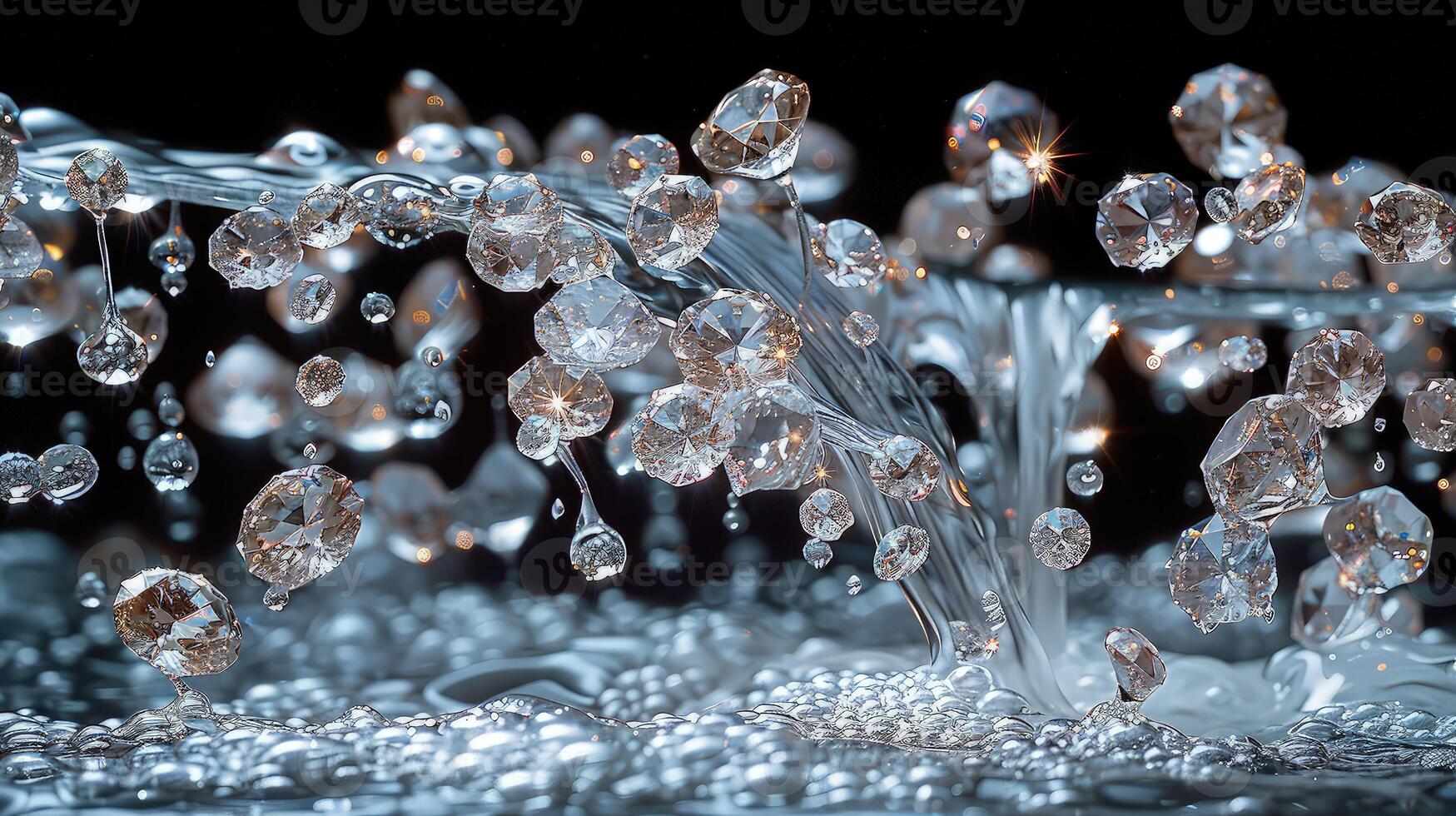 A dramatic freeze-frame of diamonds cascading with splashes against a black backdrop photo