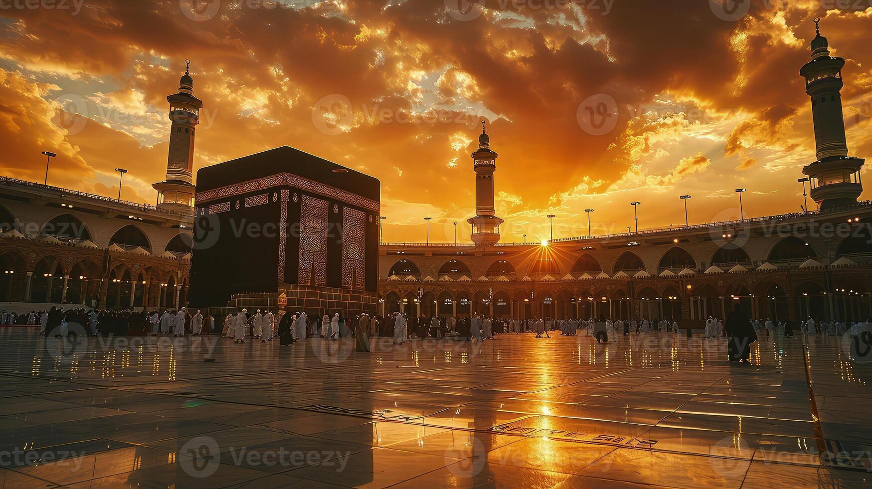Peaceful twilight casting its glow on the Kaaba and praying pilgrims photo