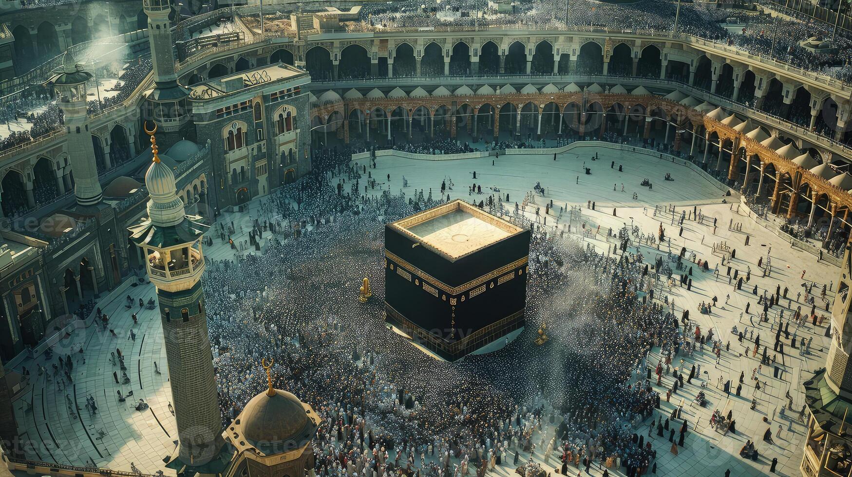 A sacred glimpse of pilgrims worshiping around the Kaaba captured from above photo