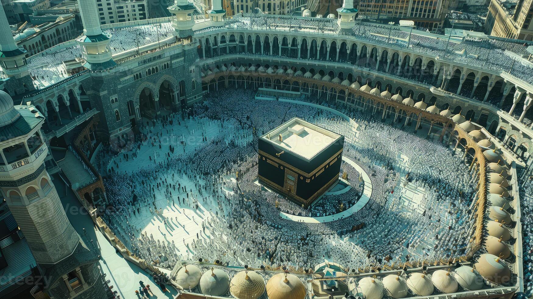 Pilgrims engaging in reverent worship while circulating the Kaaba from an aerial view photo