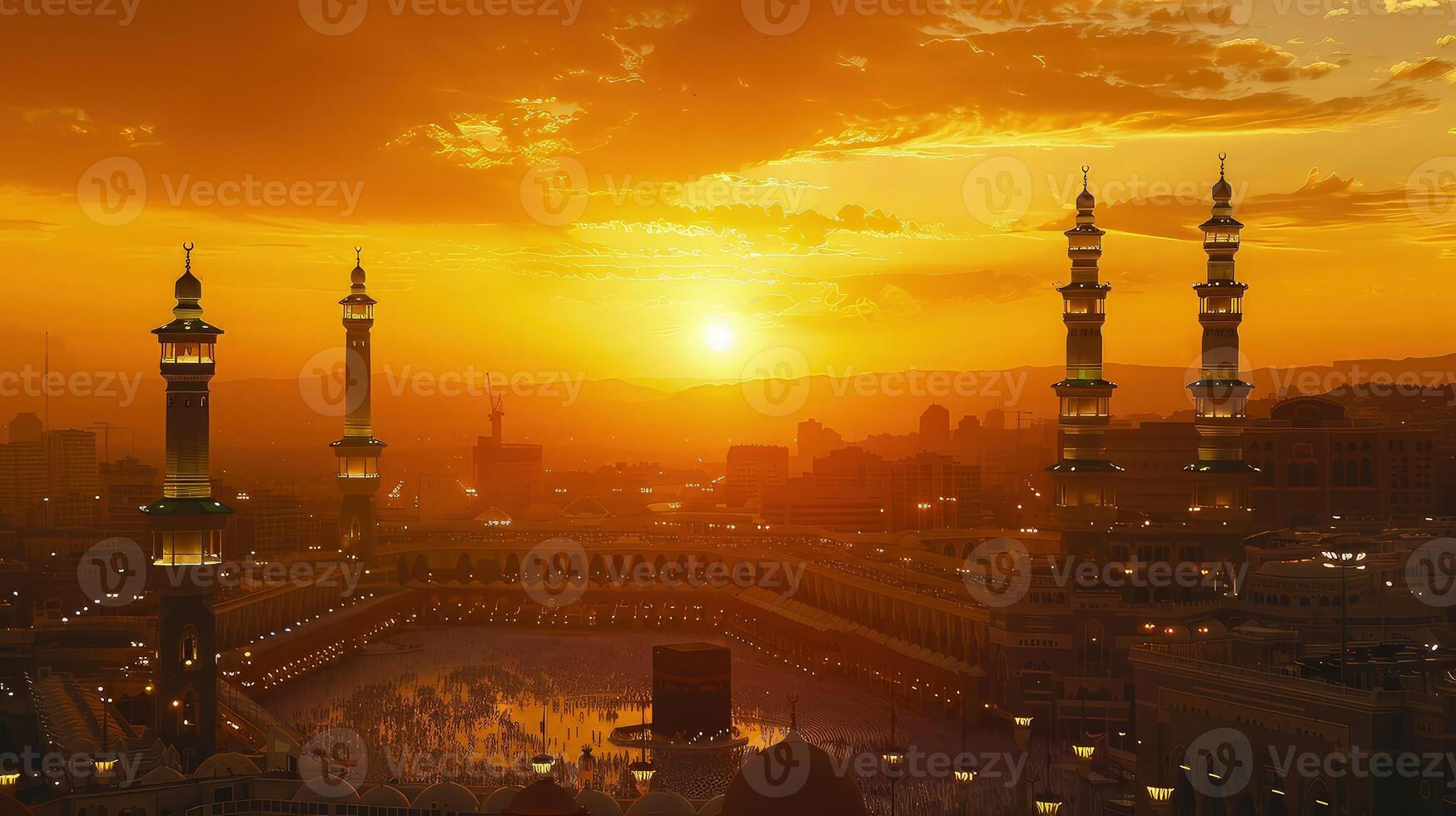 Twilight's golden light enveloping the Kaaba with devoted pilgrims praying photo