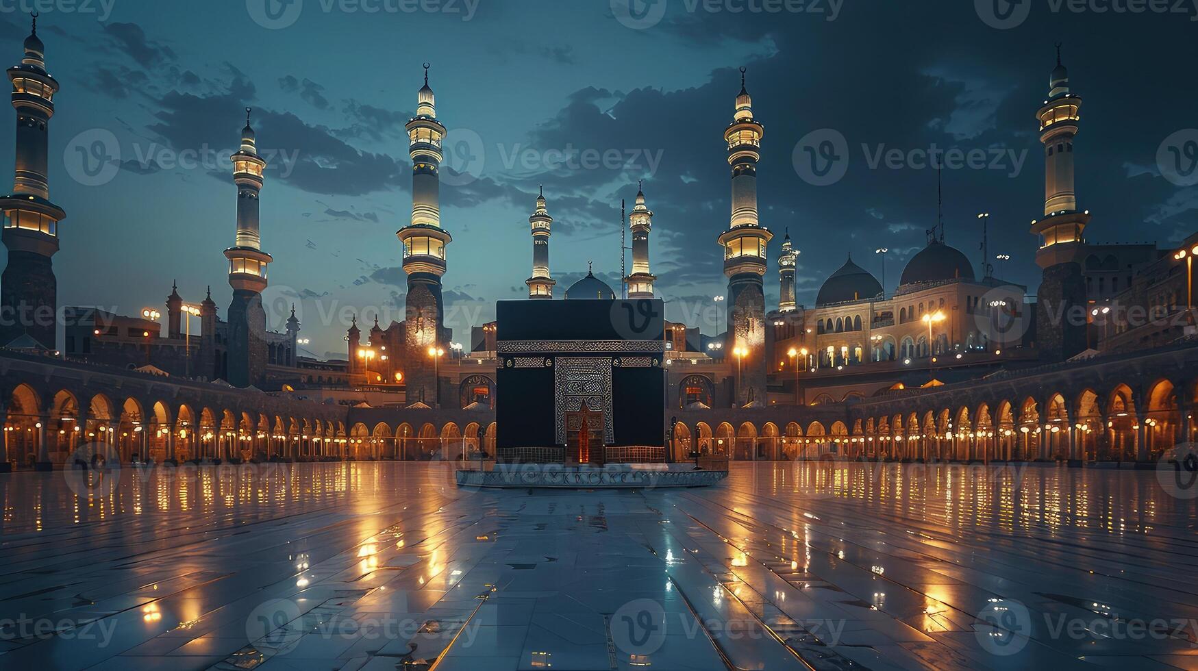 A Peaceful Nocturnal Scene of the Kaaba Bathed in Tower Light photo