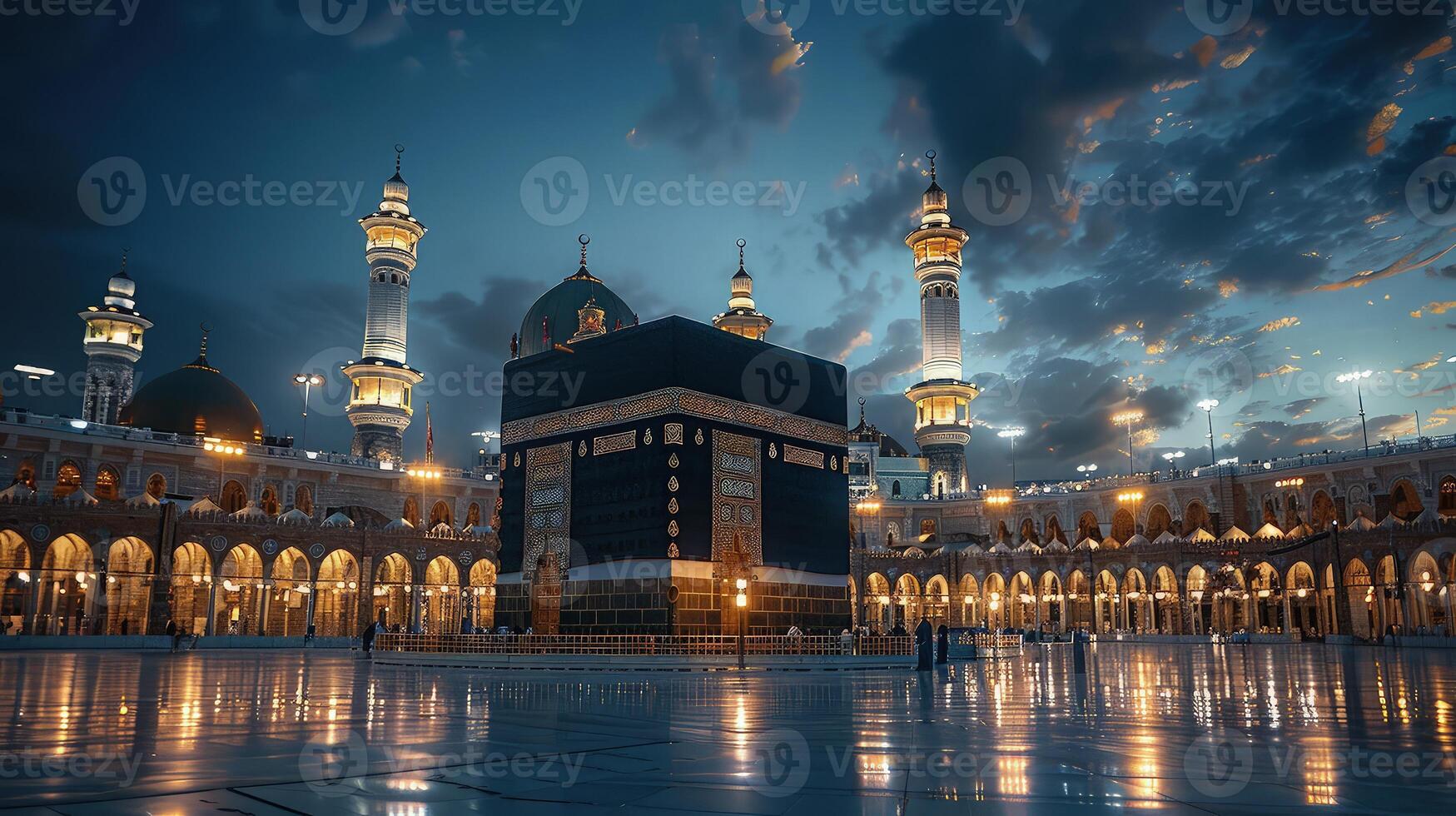 Serene Nighttime View of the Kaaba Illuminated by Gentle Tower Light photo