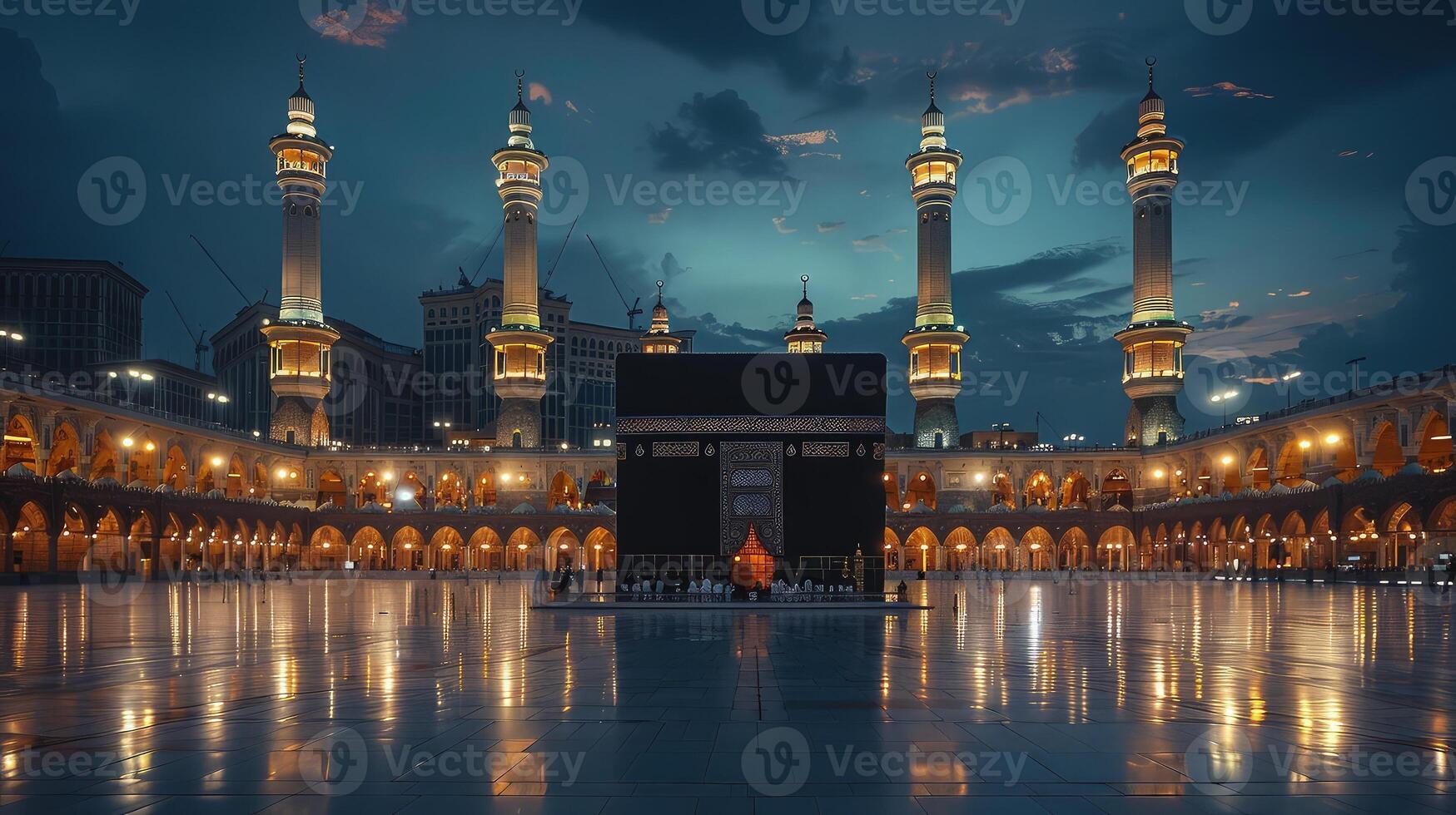 The Sacred Kaaba Glowing Under the Tower's Soft Night Illumination photo