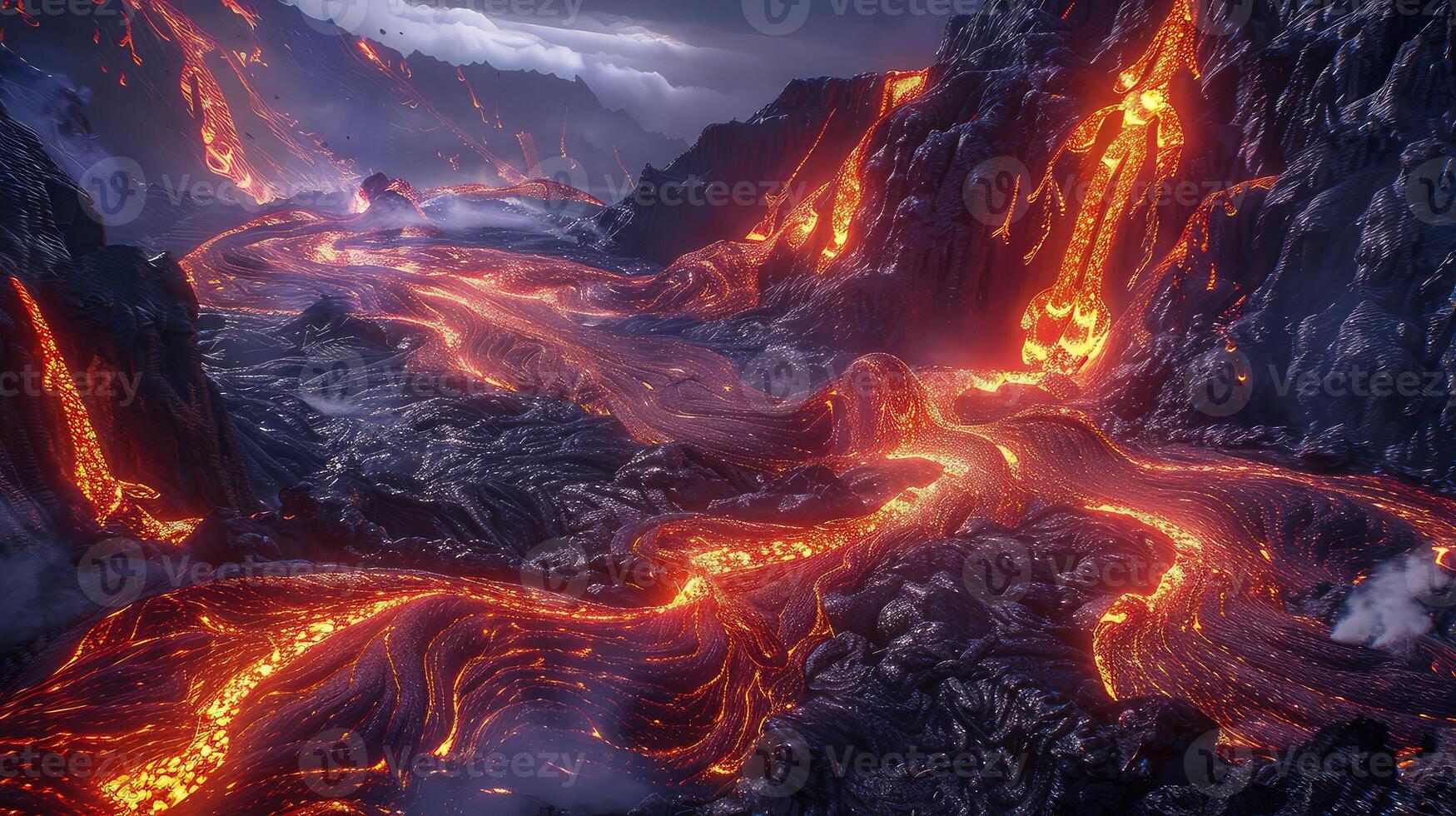 Magnificent Bird's Eye View of Lava Flowing Across Volcanic Fields photo