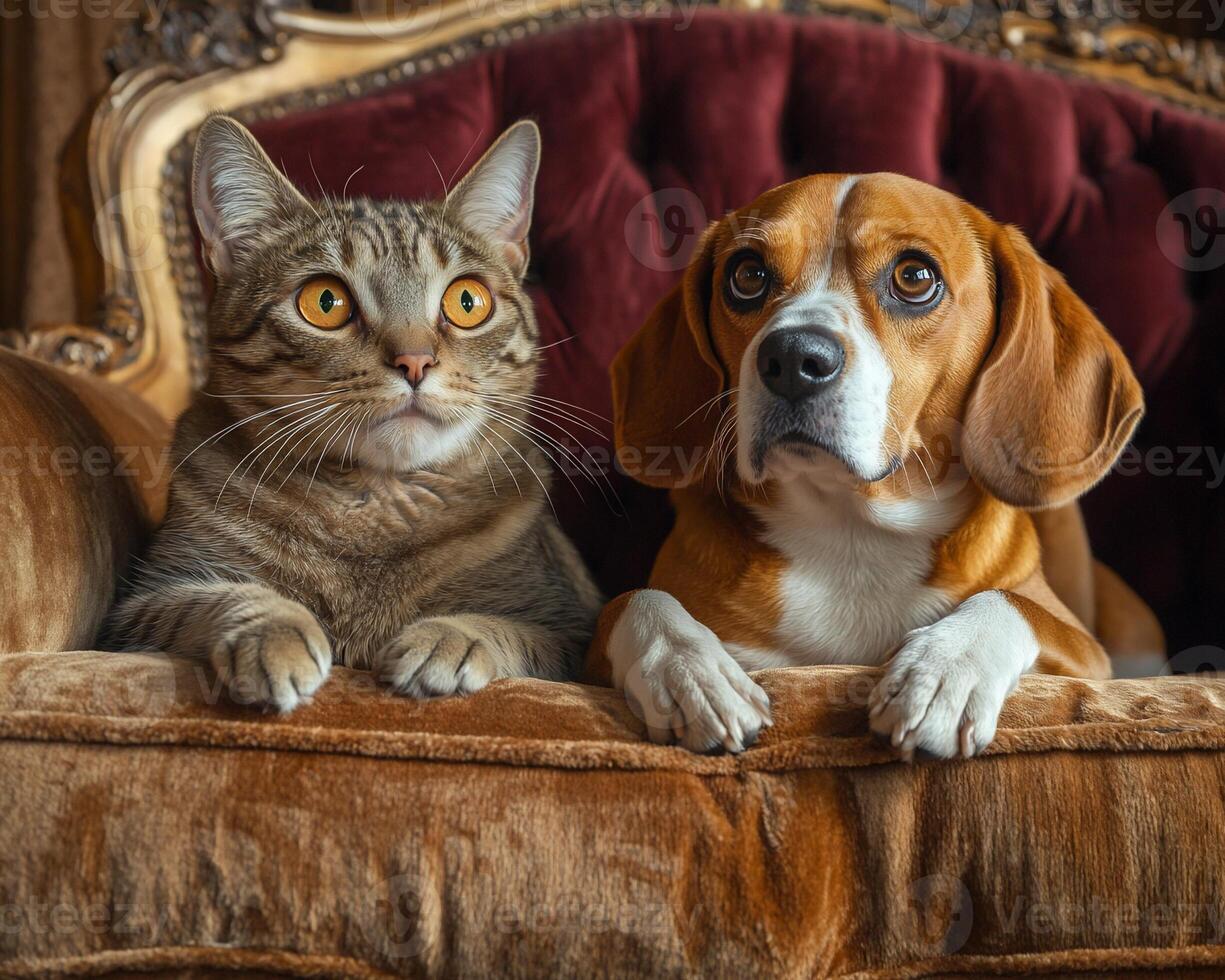 Cat and dog on antique chair photo