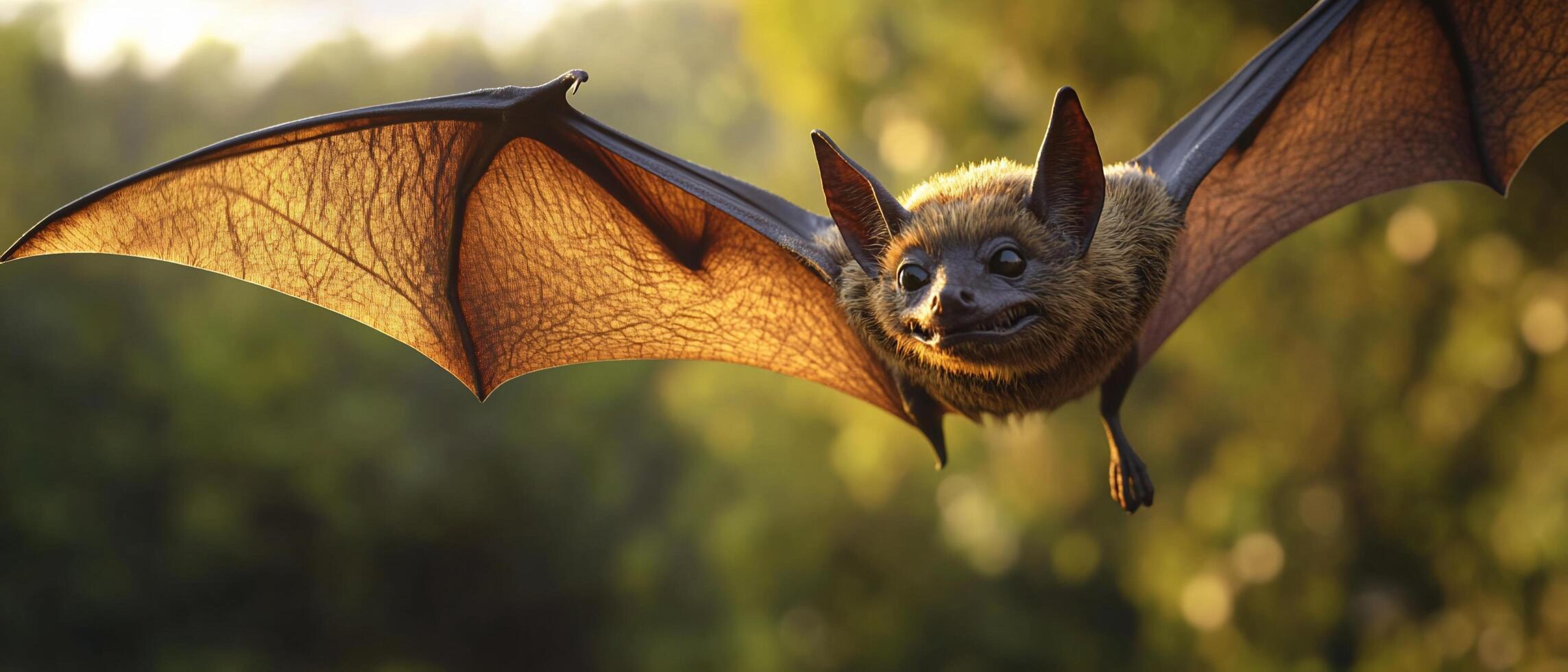 Bat in Flight, Forest Background, Sunset Light photo