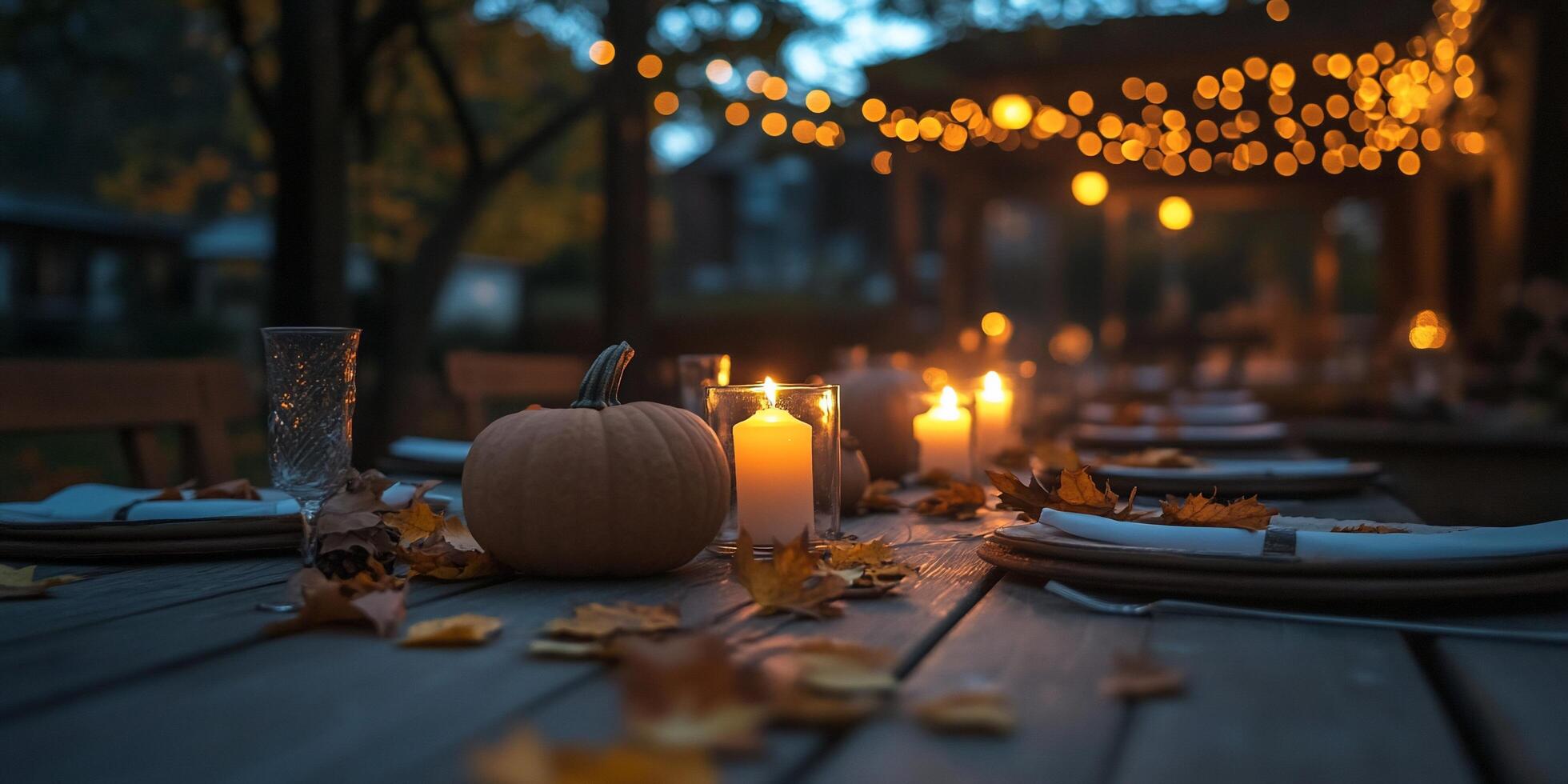 Autumnal outdoor dinner, candlelight, leaves photo
