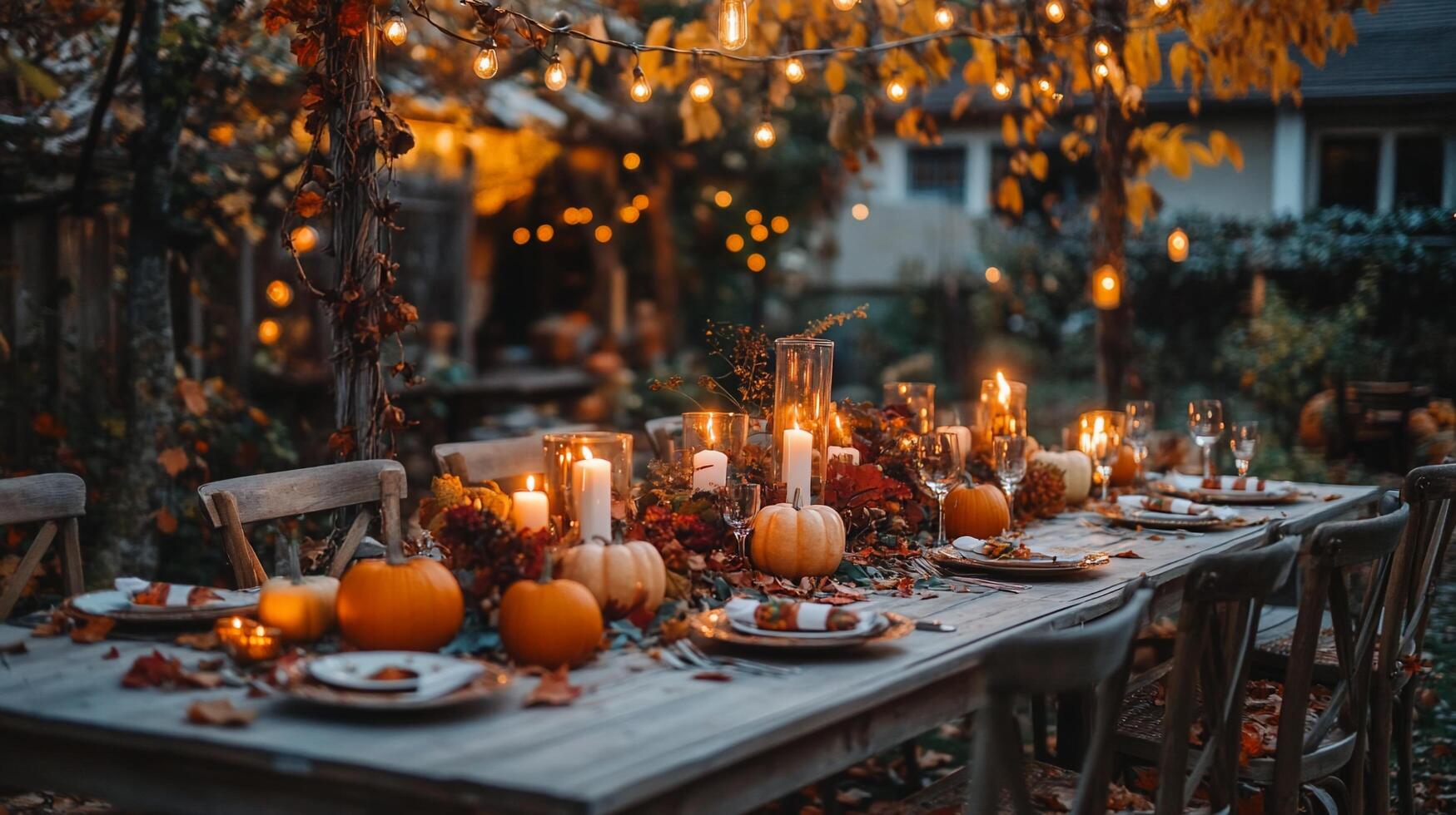 Autumnal garden dinner party, candlelight ambiance photo