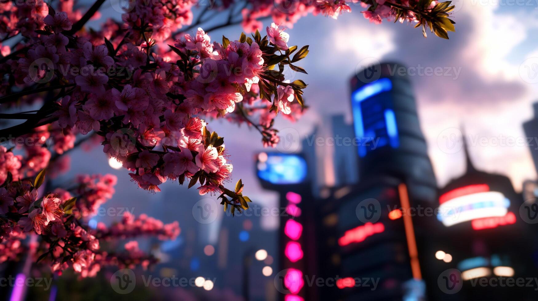 Cherry Blossoms Bloom in Futuristic Cityscape photo