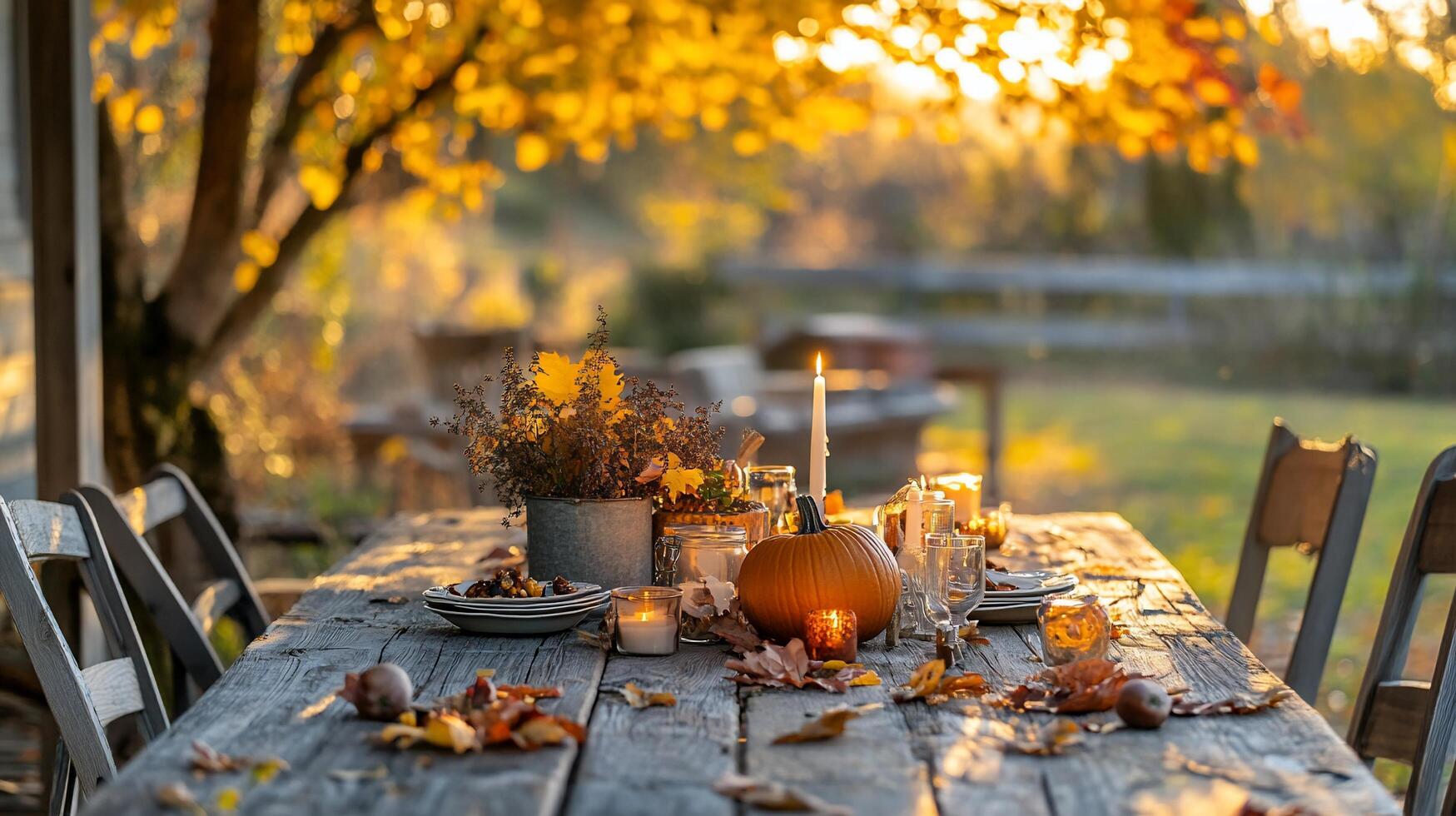 Autumnal table setting, sunset garden photo