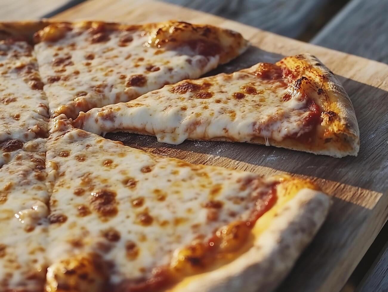 Cheese Pizza Slices on Wooden Board Outdoors photo