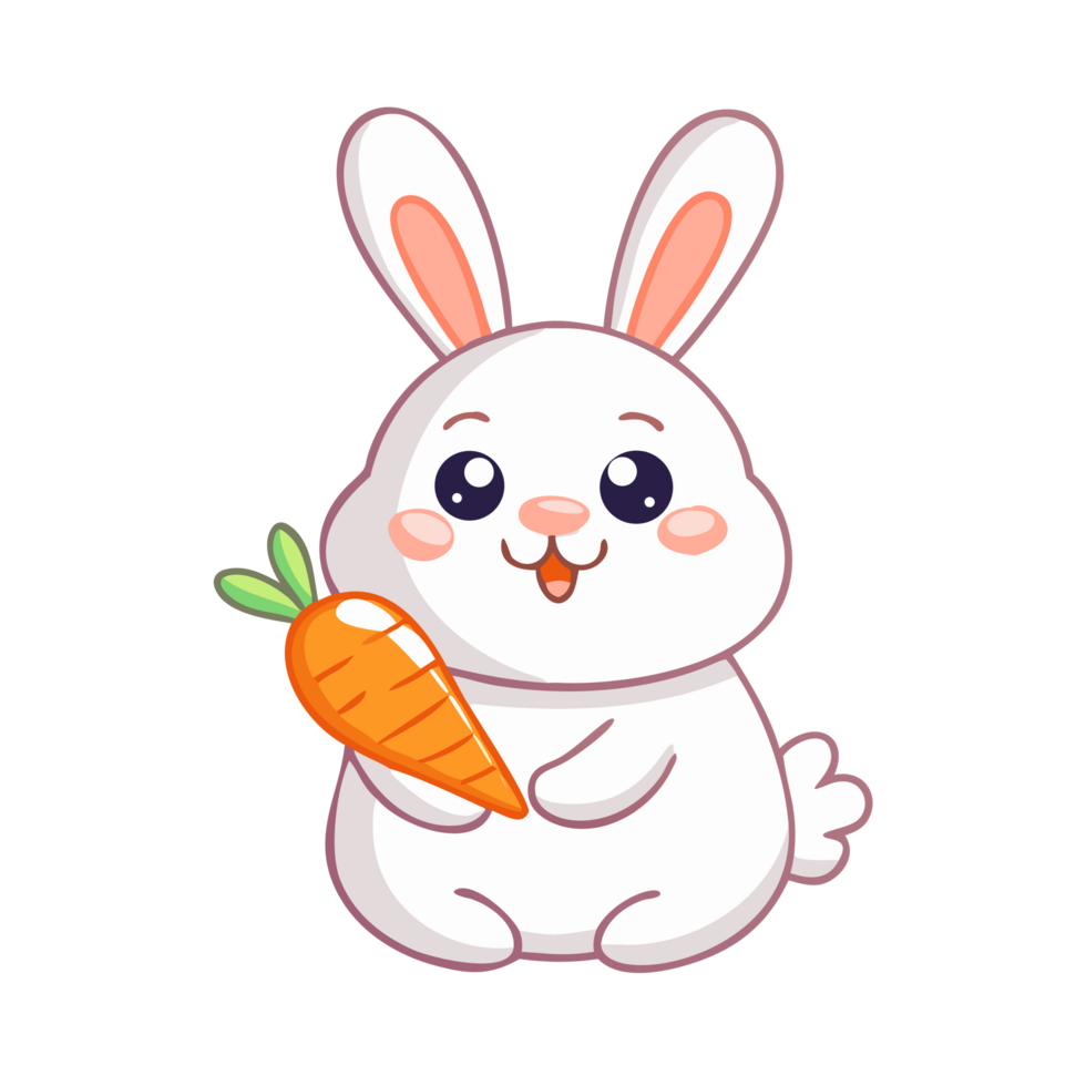 Cute chubby bunny with sparkly eyes holding a carrot fantasy world digital art whimsical setting playful viewpoint png