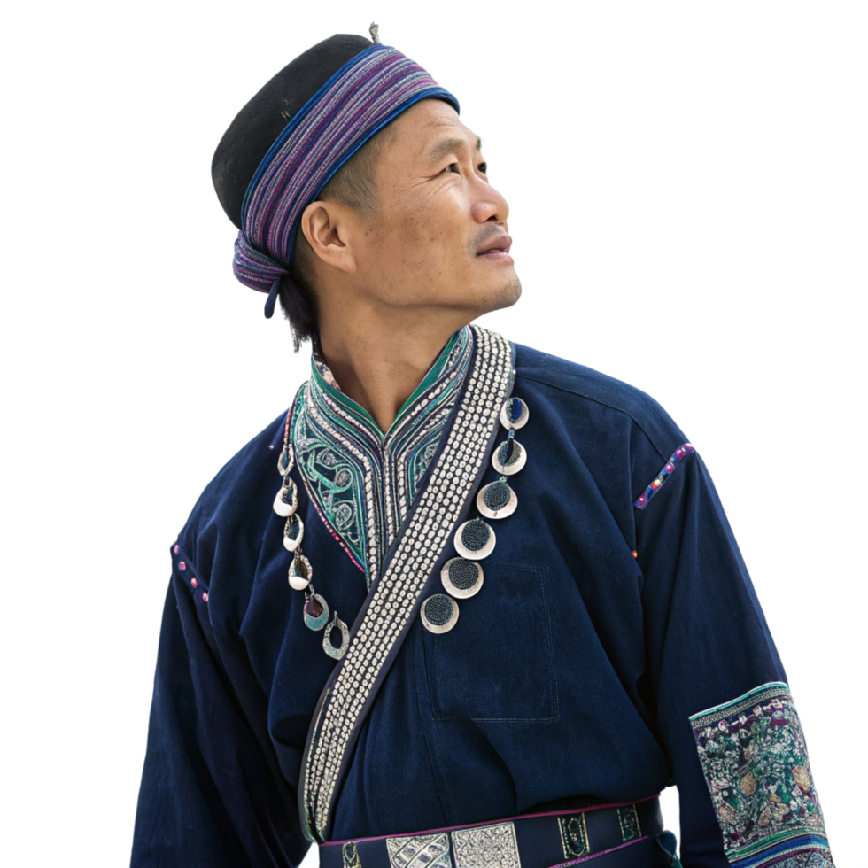 Arealistic photo of an hmong man in dark indigo attire cultural setting portrait traditional context close-up view heritage representation png