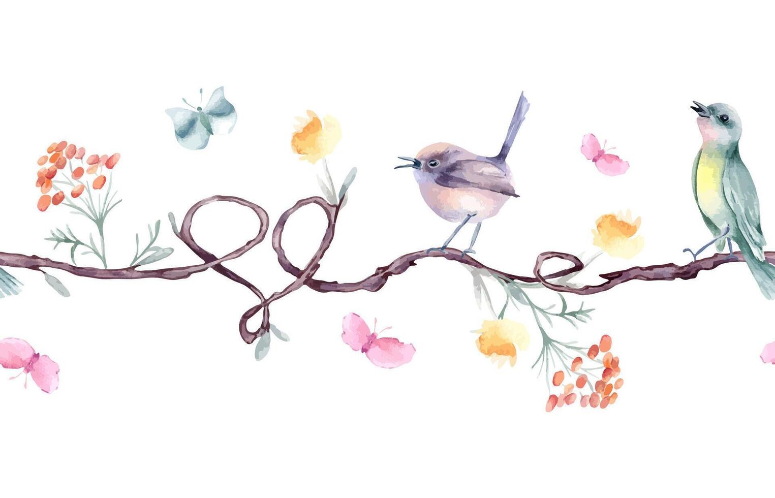 Seamless tree branches with hearts and tiny birds by watercolor isolated. Cute birdies on liana with simple floral plants, butterflies hand drawn border. Repeating texture for textile, wallpaper. vector