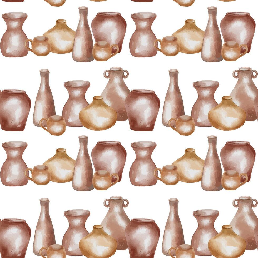 Tableware ceramic handcrafted hand drawn in beige tone watercolor seamless pattern isolated. Pottery various shape and size stand in a row. Ornament design with jugs for textile, package. vector
