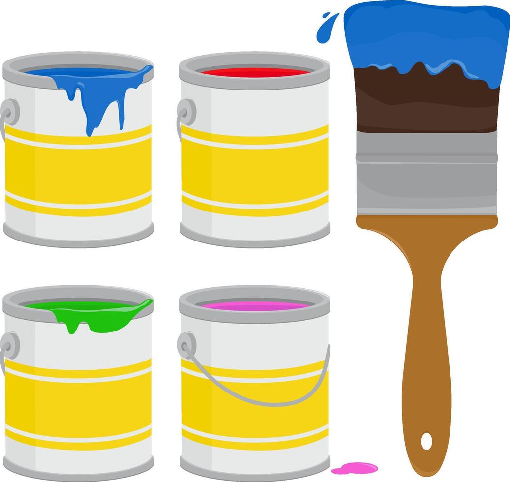 Paint supplies. Cans, paint buckets and a paint brush. Paint bucket cans and a brush. Paint brush with blue paint. vector