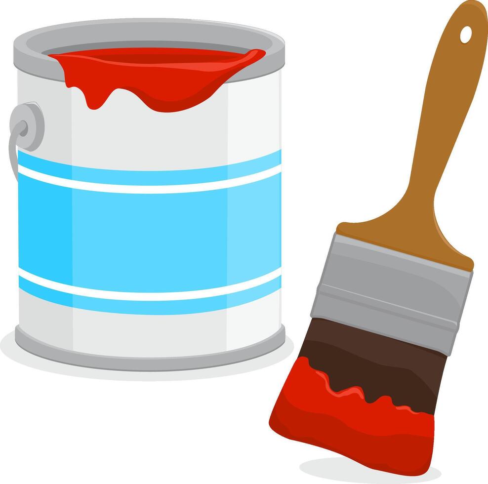 Red paint can and a paint brush. Paint bucket can and a paint brush for painting. Painting supplies. vector