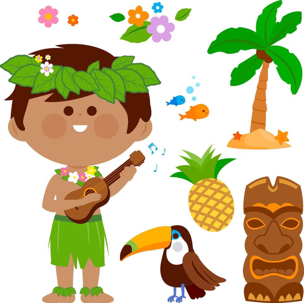 Child on summer island vacations at the Hawaii beach. Hawaiian boy playing music with his guitar and other beach summer vacation design elements. vector
