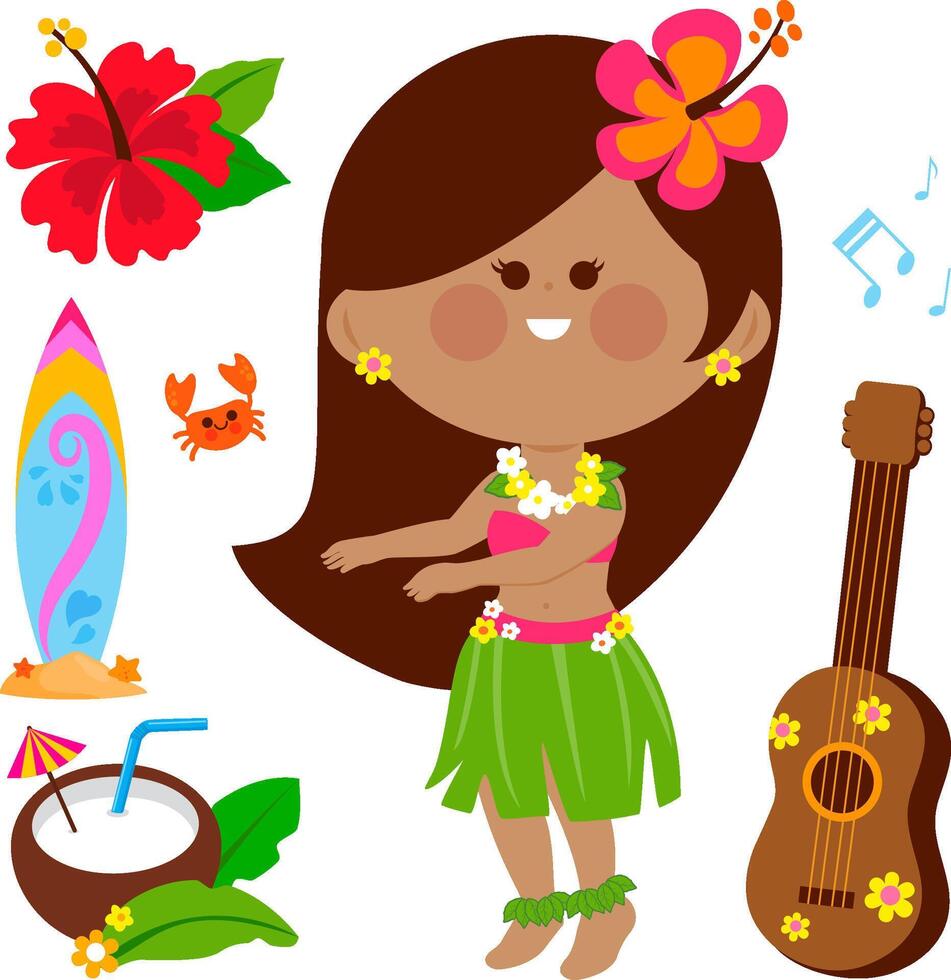 Happy hula dancer woman at the tropical island beach party. Fun summer vacation set. Hawaiian hula dancing girl. vector