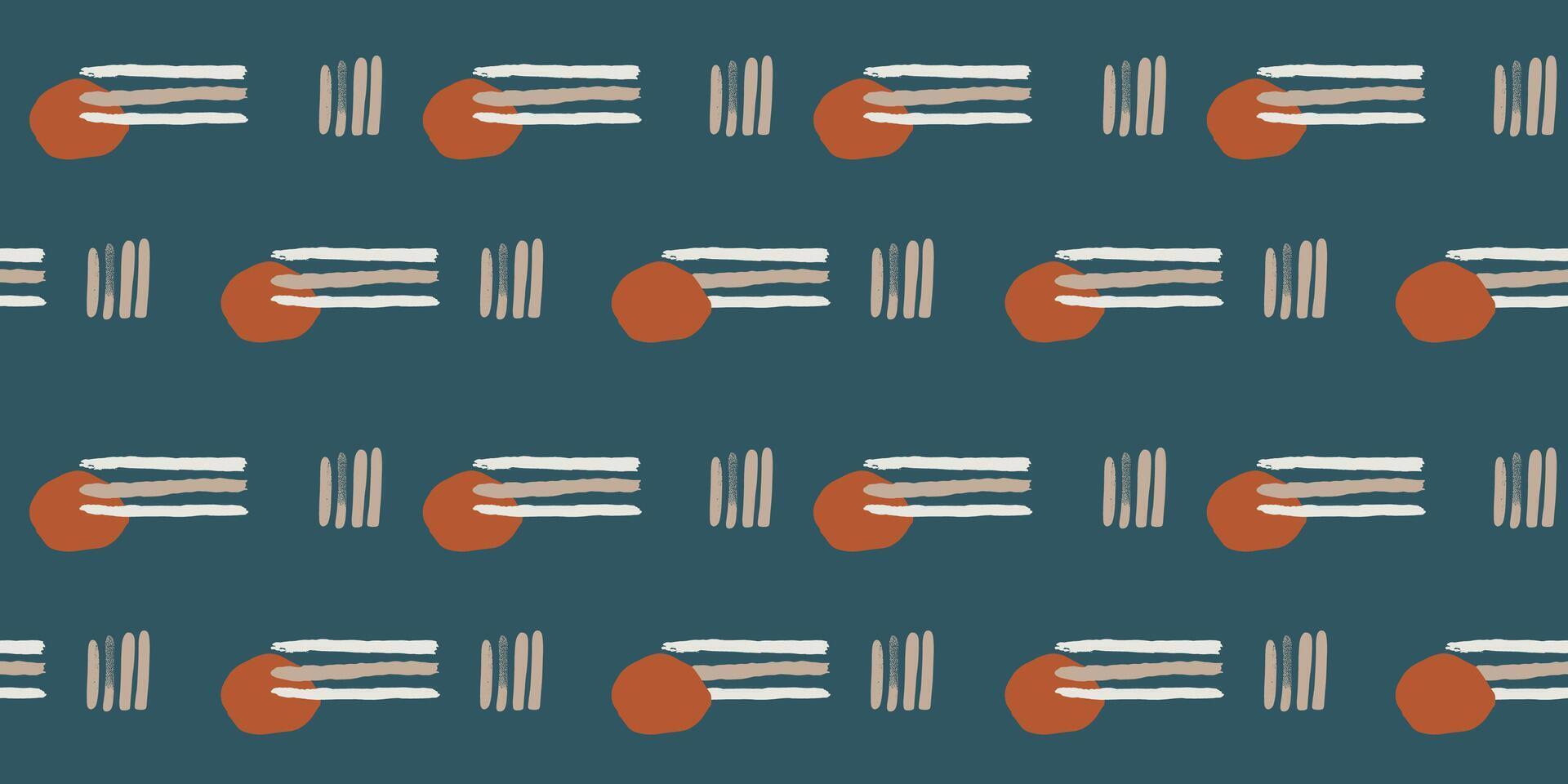 Minimalist abstract seamless pattern with hand drawn brush strokes geometric shapes terracotta elements on dark blue background modern textile wallpaper wrapping digital print home decor horizontal vector