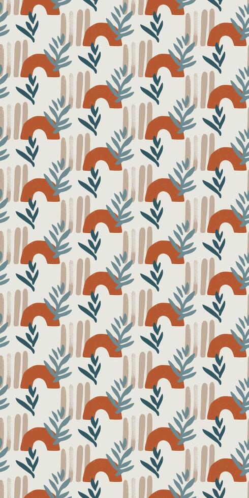 Vertical Hand drawn botanical seamless pattern with abstract organic leaves branches terracotta arches aesthetic elements modern design for fabric wallpaper textile wrapping digital print home decor vector