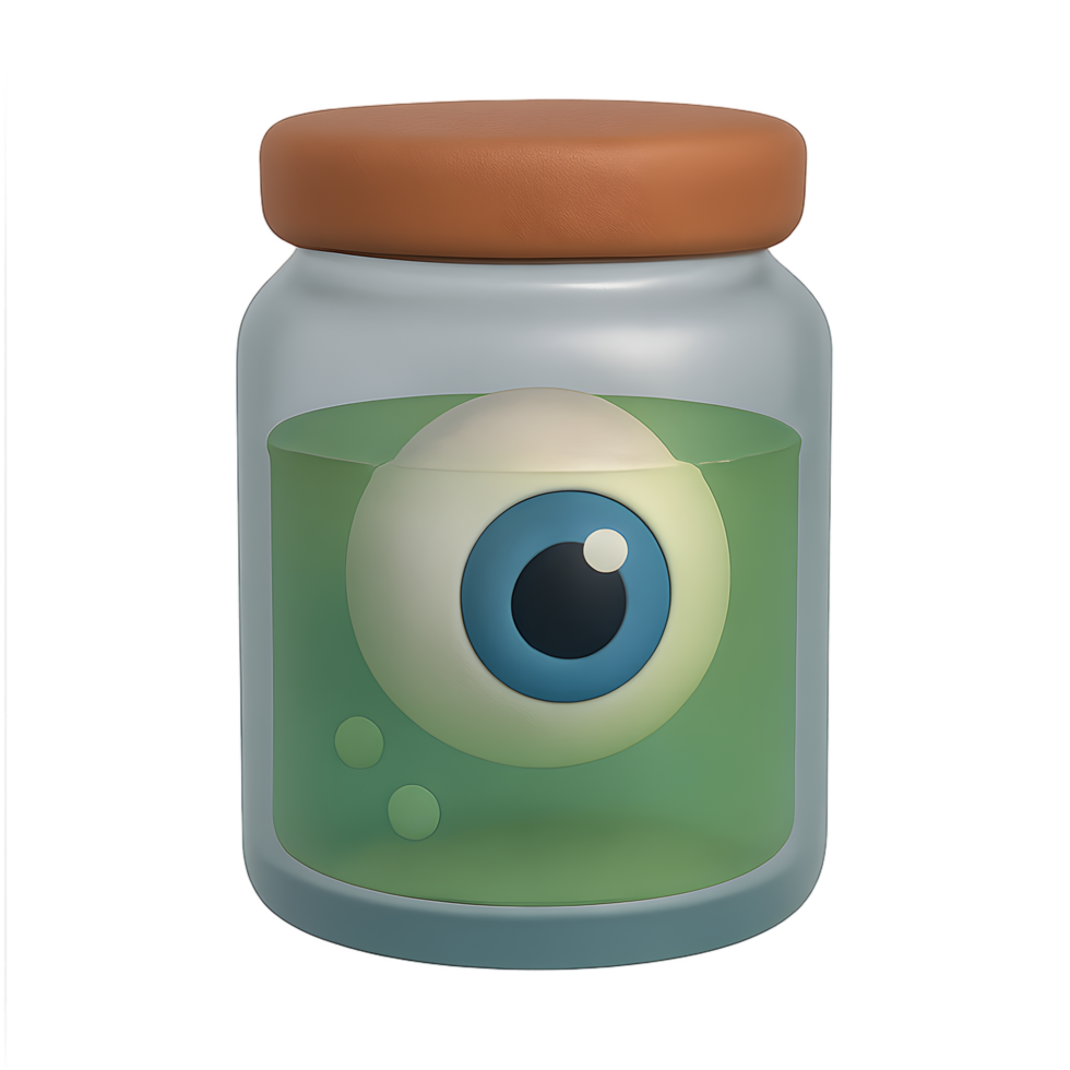Eerie cartoon eyeball jar display haunted lab digital art spooky vibes close-up whimsical curiosity png