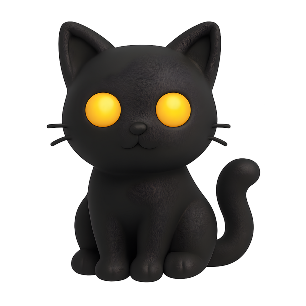 Playful cartoon black cat figurine studio setting 3d render whimsical design front view artistic creation png