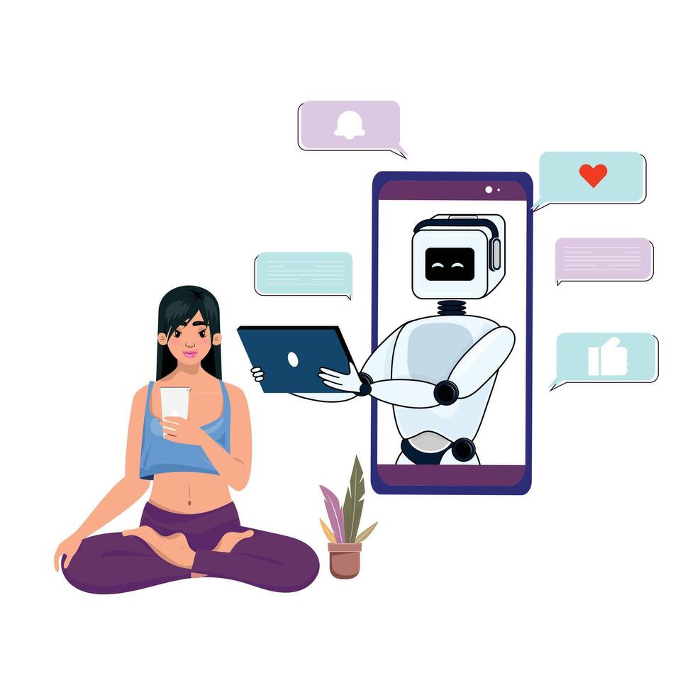 Digital lifestyle illustration with meditating woman and AI chatbot showing various communication icons. vector
