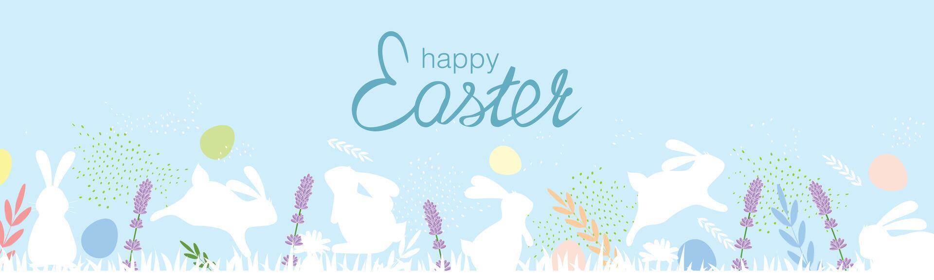 Festive spring header featuring playful rabbits, pastel eggs, and Happy Easter vector