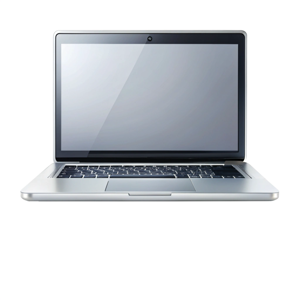 Modern laptop displaying blank screen home office product photography minimalist setup front view technology concept png