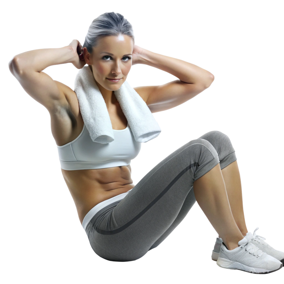 Fitness action woman doing sit-ups in home gym strength training motivational environment close-up view png